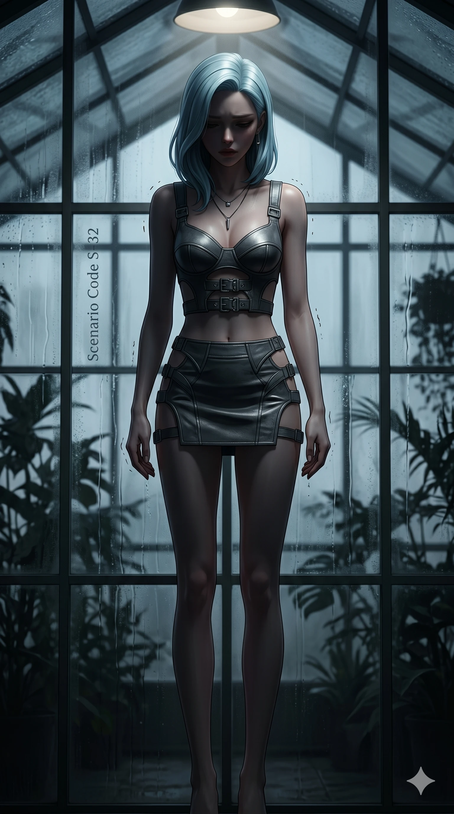 score_9, masterpiece, best quality, ultra-detailed, high-budget anime keyframe, editorial fashion photography, tasteful artistic composition, Korean woman. cowboy shot from the thighs up, character and outfit filling the frame for maximum editorial presence. collapsing her shoulders slightly, her hands trembling as she looks down at the ground in deep grief inside a glass-walled greenhouse with condensation trickling down the panes (Scenario Code S-32). She has an absolutely perfect 8-heads proportion, an exceptionally tall and slender female figure with impossibly long slender legs and an ultra-slim waist. V-shaped jawline, high-bridge nose, intricate jewel-like eyes with depth, thick eyelashes, glossy lips with a natural sheen. wearing a structured crop bustier with strategic cutouts and a matching micro-skirt with side straps. lit by a single weak spotlight from above, leaving her body mostly in deep shadows. 2k, ultra detail, master piece, 9:16 ratio