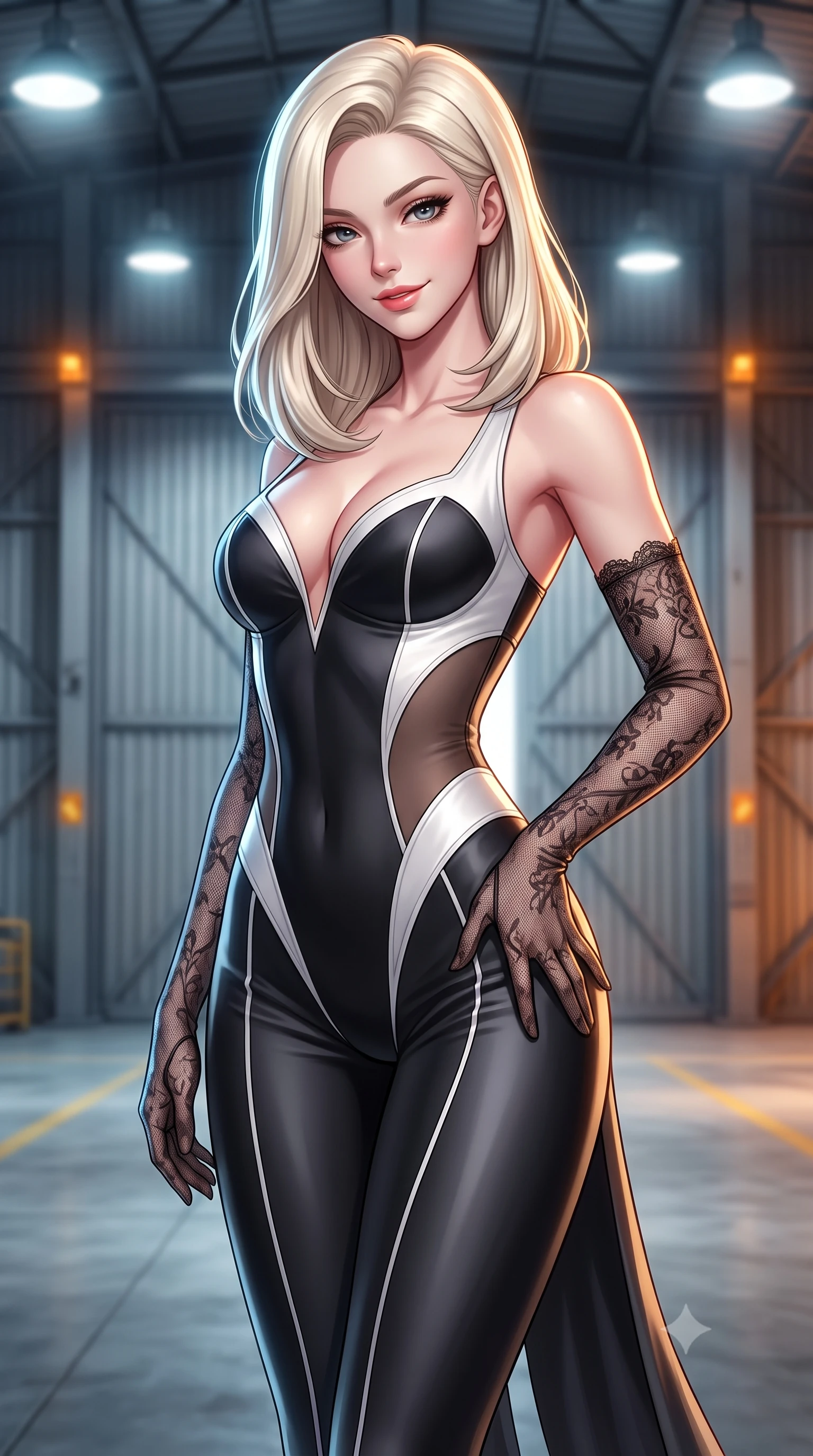 score_9, masterpiece, best quality, ultra-detailed, high-budget anime keyframe, semi-realistic 3D game render, editorial fashion photography, tasteful artistic composition, Caucasian woman. close-up cowboy shot from the waist and thighs up, the character dominates the composition, filling the frame with her large presence. tilting her head with a teasing half-smile, running one hand slowly down the side of her hip in a flirtatious S-curve as ambient light caresses her silhouette while twisting her slender torso in an alluring S-curve, high-bay mercury vapor lamps tracing her narrow waist, flat midriff, and curvy hips. The background shows a soft-focus massive corrugated hangar doors softened in top-secret facility shallow focus. She has an exceptionally elegant, slender, and willowy female figure with an ultra-slim waist, flat toned midriff, narrow ribcage, and sculpted feminine hips creating an alluring, slim hourglass silhouette without bulk. sharp v-shaped jawline, high-bridge nose, sparkling eyes with hypnotic seductive depth, thick curled eyelashes, glossy parted lips with a natural dewy peach sheen, alluring bedroom-eyes with an enchanting coquettish smile, exuding magnetic siren charisma and sophisticated glamour, flawlessly proportioned anatomical accuracy, strict slender model proportions, natural body alignment, perfectly sculpted long slender limbs, ultra-slim waistline, clean dynamic posture without body distortion. wearing a deep sweetheart-neckline matte-carbon bodycon romper with sheer side-torso cutouts accentuating her hourglass curves in high-contrast monochrome black and optic white, crafted from fluid liquid silk satin that clings smoothly to every curve with a dewy sheen, complemented by sheer opera-length lace evening gloves tracing her slender arms, the glove-like clinging cut tightly following the natural contour of her hips and long slender legs with youthful 8.5-heads elegance. bathed in high-altitude aerospace hangar floodlights mixed with amber safety strobe accents. highly saturated vibrant anime colors, detailed shading with soft gradients, rich glossy textures, high-contrast stereoscopic depth, volumetric dynamic lighting, master piece, 9:16 ratio