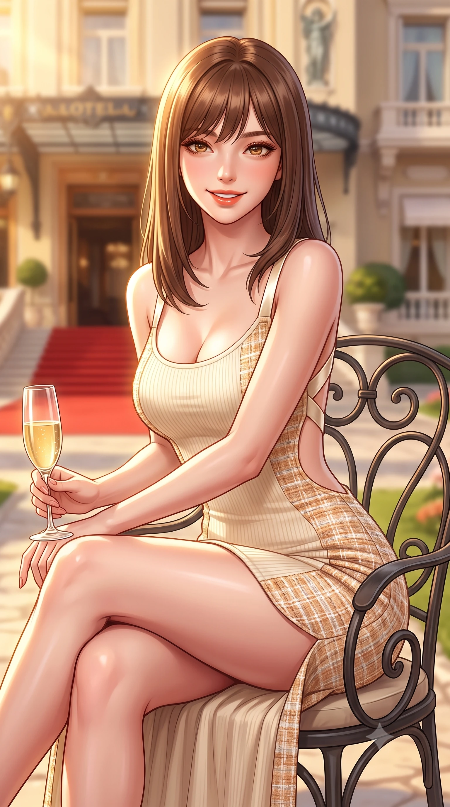 score_9, masterpiece, best quality, ultra-detailed, high-budget anime keyframe, semi-realistic 3D game render, editorial fashion photography, tasteful artistic composition, Korean woman. close-up cowboy shot from the waist and thighs up, the character dominates the composition, filling the frame with her large presence. leaning forward with playful sun-kissed grace while arching her lower back to accentuate her curvy hips, looking into the camera with a radiant teasing smile and alluring bedroom-eyes while sitting gracefully in an ornate wrought-iron garden armchair with legs crossed, holding a champagne flute with effortless French Riviera poise. The composition keeps background elements in soft focus with dreamy creamy bokeh. the grand belle-époque palace hotel facade and red carpet entrance softened in prestigious Riviera shallow focus. She has an exceptionally elegant, slender, and willowy female figure with an ultra-slim waist, flat toned midriff, narrow ribcage, and sculpted feminine hips creating an alluring, slim hourglass silhouette without bulk. sharp v-shaped jawline, high-bridge nose, sparkling amber-hazel eyes with depth, long lush eyelashes, glossy sun-kissed lips with a warm coral glaze, radiant teasing smile with sensual sunlit bedroom-eyes, exuding effortless old-money elegance and intoxicating sun-drenched allure, flawlessly proportioned anatomical accuracy, strict slender model proportions, natural body alignment, perfectly sculpted long slender limbs, ultra-slim waistline, clean dynamic posture without body distortion. wearing a second-skin stretch ribbed camisole dress in warm vanilla cream clinging to her athletic hips and flat midriff in warm honey bronze and pearlescent ivory, tailored from soft pastel resort tweed with subtle gold thread shimmer, finished with criss-cross back satin straps highlighting her graceful shoulder blades, the precision-cut side openings and low-back scoop framing her graceful spine and the sensual sweep of her slim, sun-kissed hips. bathed in brilliant golden hour sunset illumination streaming across the French Riviera coastline. highly saturated vibrant anime colors, detailed shading with soft gradients, rich glossy textures, high-contrast stereoscopic depth, volumetric dynamic lighting, master piece, 9:16 ratio