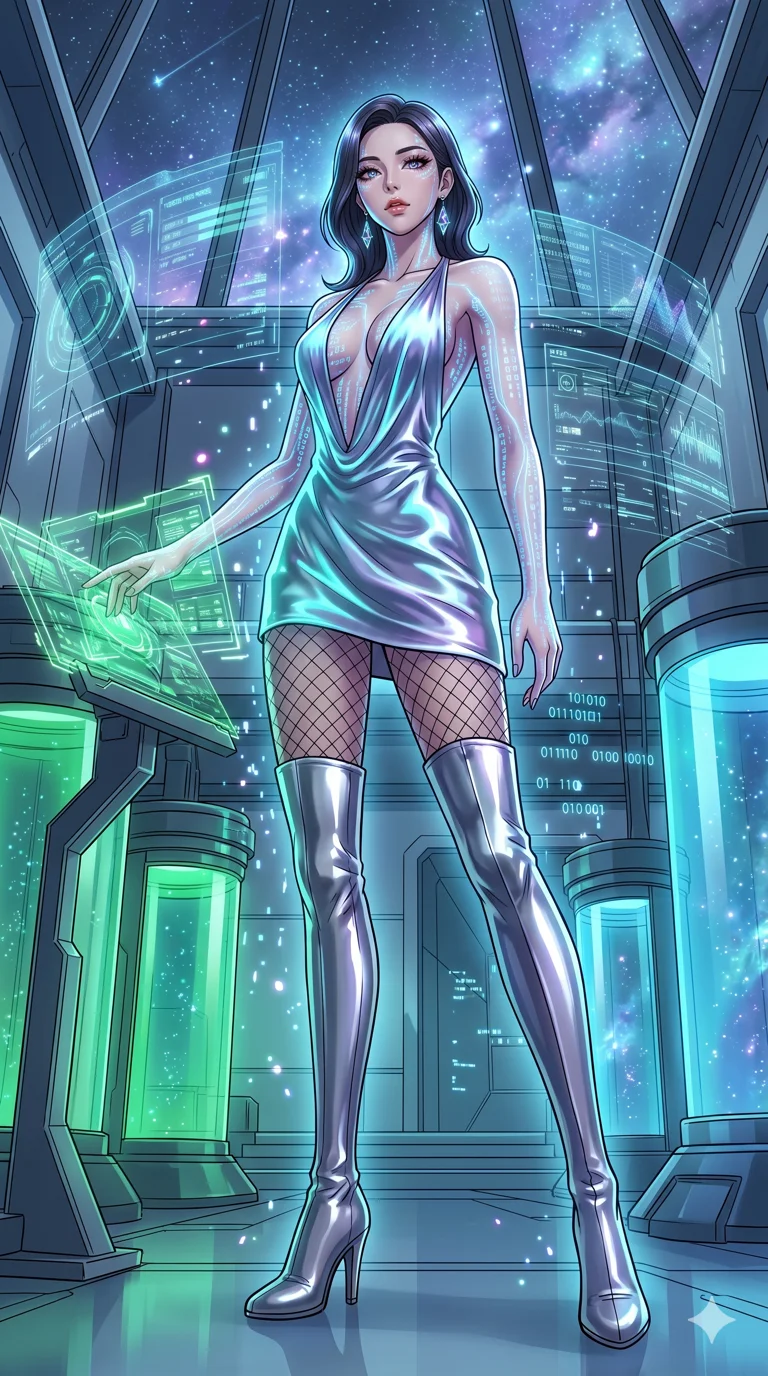 score_9, masterpiece, best quality, ultra-detailed, High-budget Anime Keyframe, vibrant colors, fluid line-art, expressive lighting, cinematic composition, Ufotable-style visual effects, top-tier animation quality, Korean woman with idol-like refined features. Wide-angle low shot emphasizing her impossibly long slender legs and commanding stature. Merging her consciousness with a digital interface as rivers of data flow through her translucent skin and glowing eyes. She has an absolutely perfect 8-heads proportion, an exceptionally tall and slender female figure with impossibly long slender legs and an ultra-slim waist, her statuesque height and towering silhouette dominating the vertical 9:16 frame. Her face is a masterpiece featuring a sharp v-shaped jawline, high-bridge nose, intricate jewel-like eyes with depth, thick eyelashes, and glossy lips with a natural sheen. She is wearing a Liquid mercury fabric dress that clings perfectly to her every curve with a deep plunging neckline crafted from Bioluminescent silk that emits a soft, ethereal glow from within the fabric, accompanied by sensual fishnet stockings and thigh-high metallic boots. The scene is set in a high-tech research laboratory with glowing glass tanks and complex holographic interfaces, illuminated by flickering starlight and nebula glow providing a mystical and vast ambiance. 2k, ultra detail, master piece, 9:16 ratio