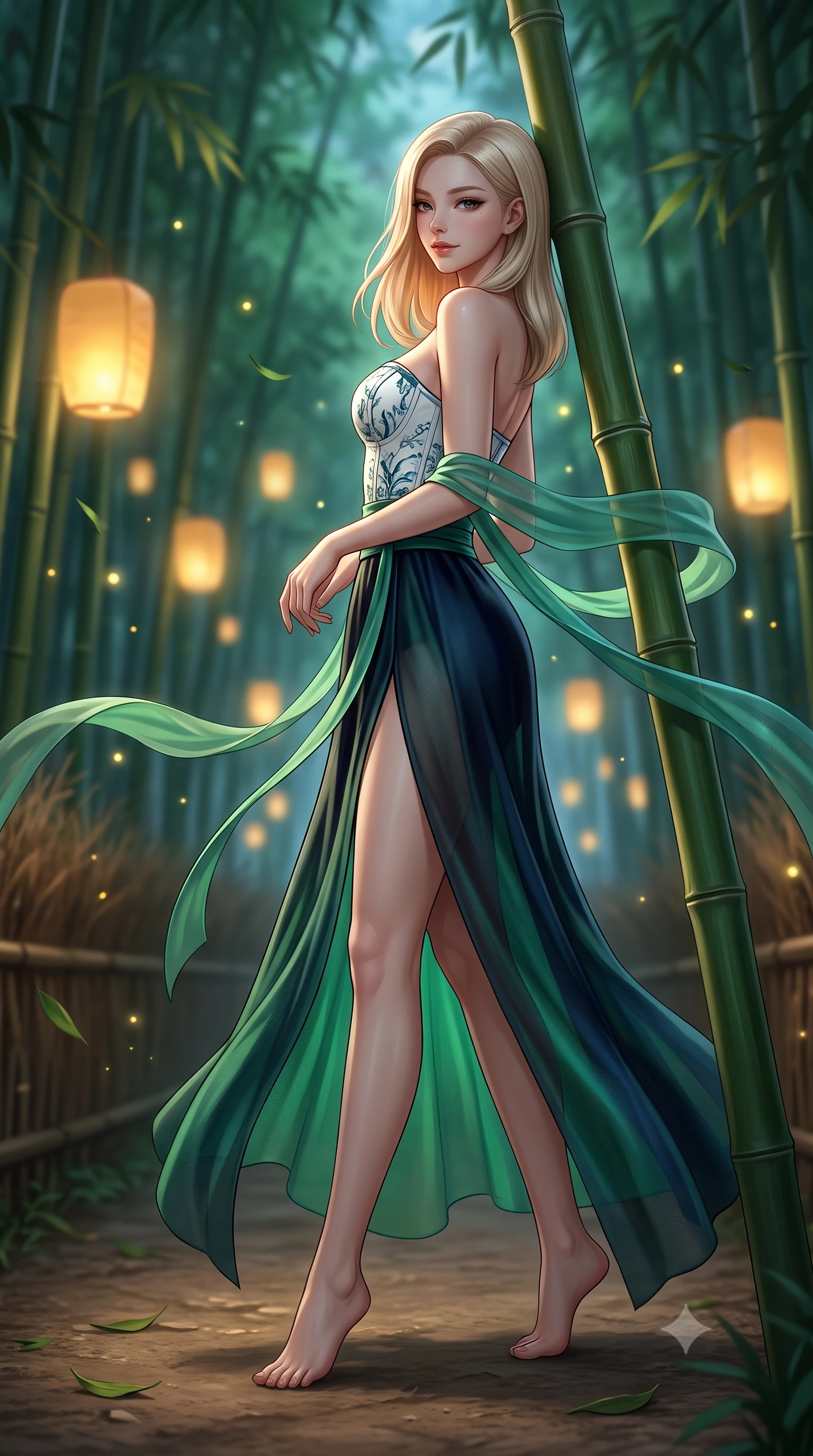 score_9, masterpiece, best quality, ultra-detailed, high-budget anime keyframe, semi-realistic 3D game render, editorial fashion photography, tasteful artistic composition, Korean woman. low angle full-body shot from head to toe showing her feet, filling the entire 9:16 vertical frame with her statuesque presence, stretching her vertical silhouette. walking slowly through the bamboo pathway, looking back over her shoulder with an air of effortless oriental grace and an alluring, smoldering smile while leaning against a smooth green bamboo stalk with hips cocked back, casting an enchanting, mysterious bedroom-gaze through drifting golden fireflies. The background shows a soft-focus floating holographic gold lanterns and gently swaying bamboo leaves softened in serene Kyoto shallow focus. She has an absolutely perfect, statuesque 8.5-heads proportion, an exceptionally tall and slender model-like female figure with impossibly long slender legs, an ultra-slim waist, a flat toned midriff, narrow delicate ribcage, and beautifully sculpted feminine hips creating a graceful, slim hourglass silhouette without any bulky heaviness. sharp v-shaped jawline, high-bridge nose, intricate jewel-like dark sparkling almond eyes with depth, thick lashes, glossy parted lips with a natural rose-plum sheen, bright alluring and coquettish smile with bedroom-eyes, exuding both timeless oriental elegance and sovereign high-fashion allure, flawlessly proportioned anatomical accuracy, strict slender model proportions, natural body alignment, perfectly sculpted long slender limbs, ultra-slim waistline, clean dynamic posture without body distortion. wearing a tailored white porcelain-inspired structured corset top paired with an asymmetric flowing silk maxi skirt with a high slit in deep midnight obsidian and luminous imperial jade green, made of sheer technical micro-mesh with contouring shadow effects, accented with flowing gossamer silk ribbons that flutter dynamically in the evening breeze, the high-waisted wrap tailoring accentuating her ultra-slim waistline and the enchanting curve of her feminine hips with alluring oriental charm. bathed in soft floating amber lantern light and cool moonlit emerald forest canopy fill. highly saturated vibrant anime colors, detailed shading with soft gradients, rich glossy textures, high-contrast stereoscopic depth, volumetric dynamic lighting, master piece, 9:16 ratio