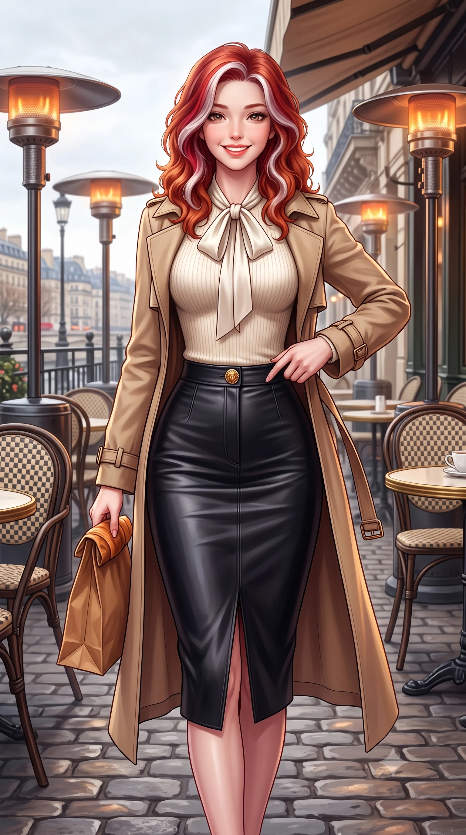 score_9, masterpiece, best quality, ultra-detailed, high-budget anime keyframe, semi-realistic 3D game render, editorial fashion photography, tasteful artistic composition, Caucasian woman. close-up cowboy shot from the waist and thighs up, the character dominates the composition, filling the frame with her large presence. standing poised with hips cocked slightly to the side, one hand tracing her cinched waistline while casting an affectionate warm glance while walking out onto the cobblestone terrace holding a warm croissant bag, her belted trench coat framing her tall 8.5-heads silhouette. The surrounding environment is rendered in vivid detail and crisp panoramic clarity: detailed silk pussy-bow blouse drape, tailored A-line wool skirt pleats, and authentic Parisian street furniture in high resolution. She has an exceptionally elegant, slender, and willowy female figure with an ultra-slim waist, flat toned midriff, narrow ribcage, and sculpted feminine hips creating an alluring, slim hourglass silhouette without bulk. sharp v-shaped jawline, high-bridge nose, intricate jewel-like sparkling eyes with depth, thick eyelashes, glossy parted lips with a natural peach sheen, bright cheerful beaming smile with an enchanting and coquettish sensual glint, exuding both youthful cute charm and seductive allure, flawlessly proportioned anatomical accuracy, strict slender model proportions, natural body alignment, perfectly sculpted long slender limbs, ultra-slim waistline, clean dynamic posture without body distortion. wearing a body-hugging French chic knit top paired with a form-contouring leather pencil midi skirt with a subtle walking vent in gilded ivory pearl and rich obsidian, made of ultra-fine Mongolian cashmere with sleek glove-like elasticity contouring her silhouette, accented with an ornate 24k gold lion-embossed crest button along the snug front closure, the liquid-tight tailored fabric clinging flawlessly to her narrow waist and rounded feminine hips, emphasizing every millimeter of her sculpted slim hourglass curves without any bulky heaviness. bathed in soft overcast Parisian natural daylight warmed by glowing overhead outdoor patio heaters. highly saturated vibrant anime colors, detailed shading with soft gradients, rich glossy textures, high-contrast stereoscopic depth, volumetric dynamic lighting, master piece, 9:16 ratio