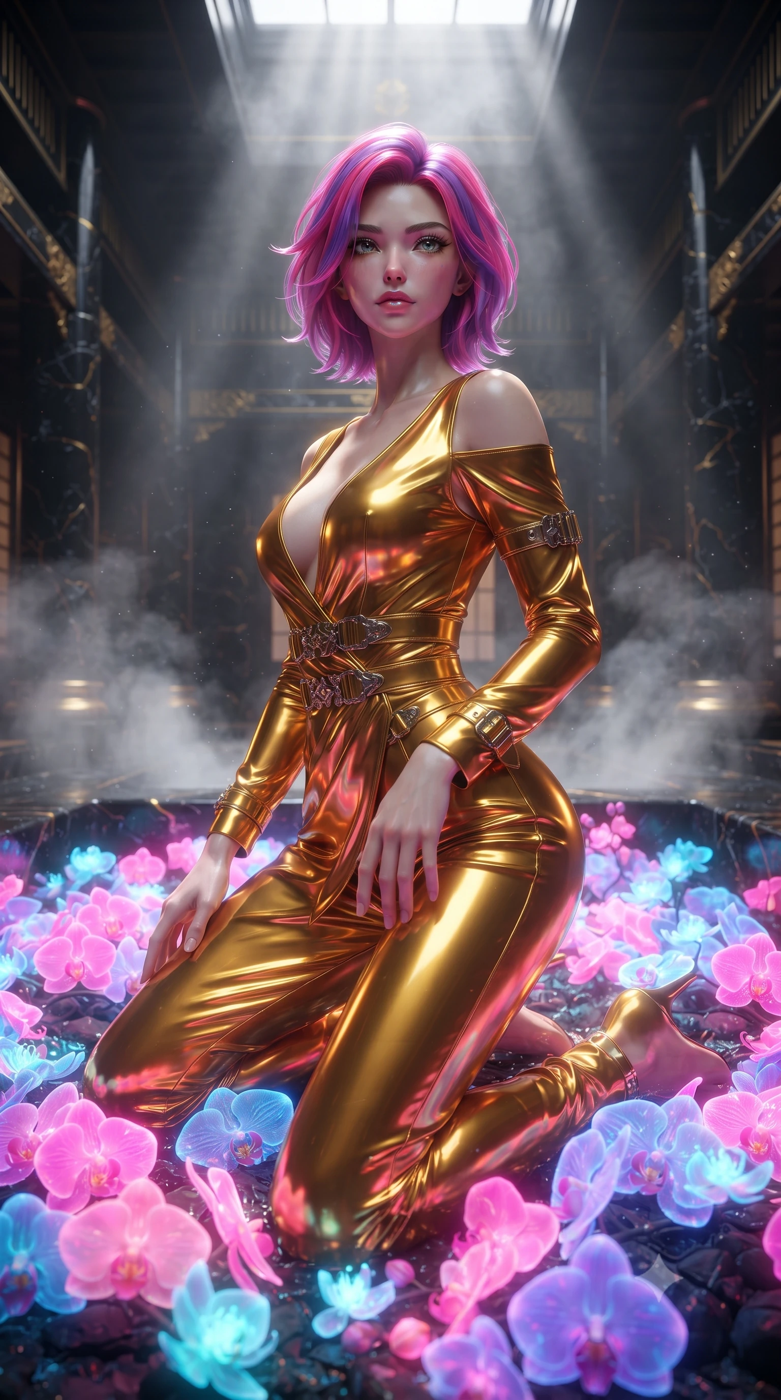 score_9, masterpiece, best quality, ultra-detailed, High-budget Anime Keyframe, editorial fashion photography, tasteful artistic composition, realistic cosplay photography, Caucasian woman, strictly human ears. Low angle cowboy shot filling the entire 9:16 frame with her statuesque presence. Scenario 283: kneeling on a soft bed of glowing neon orchids under a steam-filled bathhouse built of black obsidian stone and gold accents. Her presence is magnetic and overpowering in this high-budget cinematic scene. Outfit 283: a tailored molten liquid silk gold with a low-cut shoulder and metallic buckles. The clothing is designed to emphasize her exceptionally tall and slender 8-heads proportion. 8-heads proportion, towering silhouette, ultra-slim waist. sharp v-shaped jawline, intricate jewel-like eyes with depth, thick eyelashes, glossy lips. ultra-reflective glossy finish, specular highlights, metallic sheen, high-contrast stereoscopic depth, volumetric dynamic lighting, 2k, ultra detail, master piece, 9:16 ratio
