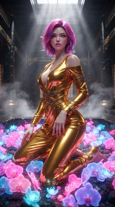 score_9, masterpiece, best quality, ultra-detailed, High-budget Anime Keyframe, editorial fashion photography, tasteful artistic composition, realistic cosplay photography, Caucasian woman, strictly human ears. Low angle cowboy shot filling the entir