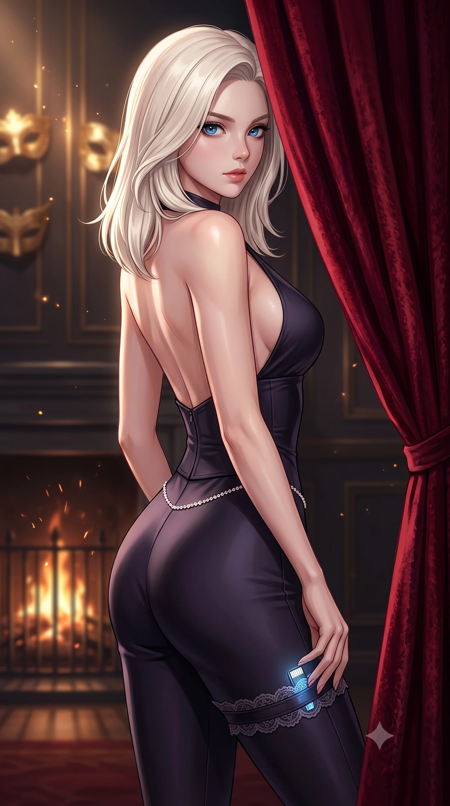 score_9, masterpiece, best quality, ultra-detailed, high-budget anime keyframe, semi-realistic 3D game render, editorial fashion photography, tasteful artistic composition, Caucasian woman. close-up cowboy shot from the waist and thighs up, the character dominates the composition, filling the frame with her large presence. radiating intense magnetic charisma with jewel-like eyes locked onto the viewer, her upper body turning in a dynamic, fluid S-curve while pivoting dynamically behind a heavy velvet curtain in a dimly lit VIP corridor, concealing a miniature data drive in her garter. The composition keeps background elements in soft focus with creamy bokeh. flickering fireplace sparks and gold leaf mask reflections scattering warm radiant light motes. She has an exceptionally elegant, slender, and willowy female figure with an ultra-slim waist, a gracefully sculpted slender torso, toned flat midriff, and a refined slim silhouette. sharp v-shaped jawline, high-bridge nose, intricate jewel-like eyes with depth, thick eyelashes, glossy lips with a natural sheen, captivating and magnetic expression, flawlessly proportioned anatomical accuracy, strict slender model proportions, natural body alignment, perfectly sculpted long slender limbs, ultra-slim waistline, clean dynamic posture without body distortion. wearing an undercover high-society halter jumpsuit with a tailored deep-V back and integrated waist cincher in shadow black with subtle deep violet undertones, crafted from matte cybernetic vinyl with concealed magnetic locks, accented with a dainty diamond waist chain framing her slender silhouette, the liquid-tight tailored fabric emphasizing every curve of her tall, slender model proportions and sculptured silhouette during dynamic movement. illuminated by crisp specular highlights tracing her bare clavicle, ultra-slim waist, and flowing gown. highly saturated vibrant anime colors, detailed shading with soft gradients, rich glossy textures, high-contrast stereoscopic depth, volumetric dynamic lighting, master piece, 9:16 ratio