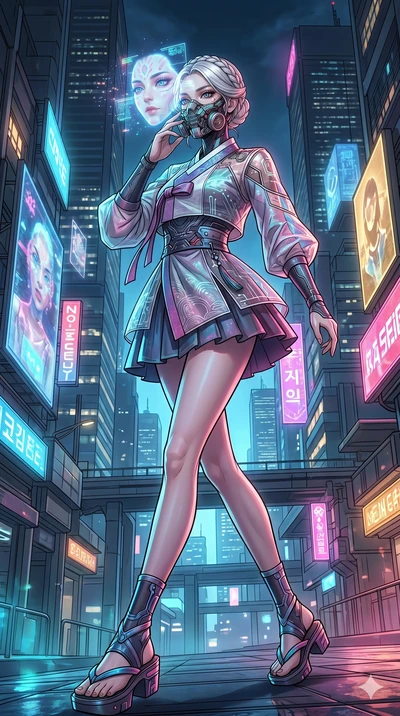 score_9, masterpiece, best quality, ultra-detailed, high-budget anime movie keyframe, cinematic anime lighting, intricate line art, Korean woman. Dynamic full-body shot stretching the vertical silhouette with extreme perspective. adjusting a mechanic