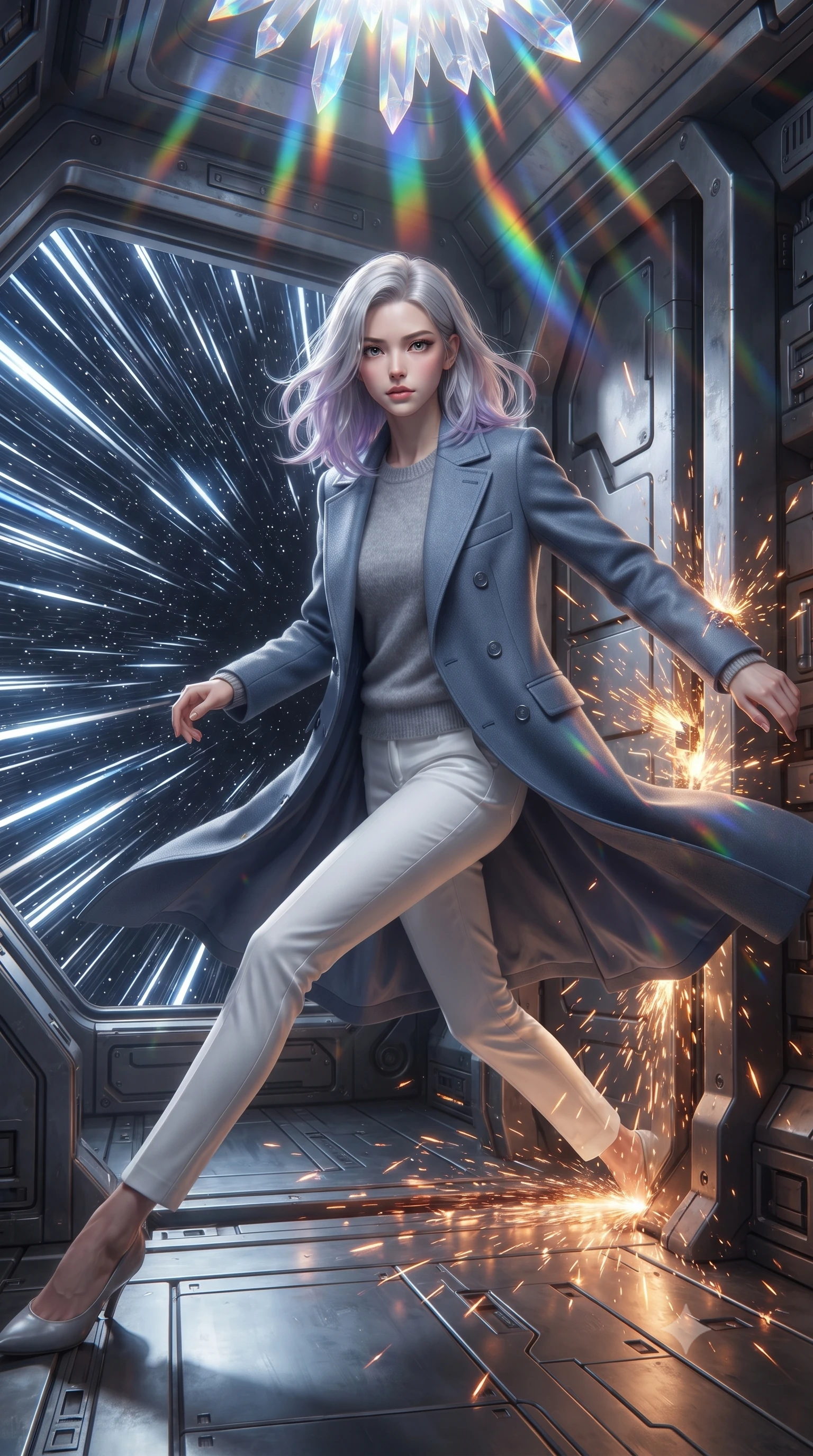 score_9, masterpiece, best quality, ultra-detailed, high-budget anime keyframe, editorial fashion photography, tasteful artistic composition, realistic cosplay photography, Caucasian woman, strictly human ears. low angle full-body shot from head to toe showing her feet, filling the entire 9:16 vertical frame with her statuesque presence, stretching her vertical silhouette. sliding underneath a closing blast door in a sleek combat stance with sparks flying around her inside the cockpit of a ship during hyperdrive, stars outside stretched into long streaks of white and blue light through the window. She has a statuesque 8.5-heads proportion, an exceptionally tall, slender and willowy model-like build with impossibly long legs and a highly sculpted ultra-slim waist. sharp v-shaped jawline, high-bridge nose, intricate jewel-like eyes with depth, thick eyelashes, glossy lips with a natural sheen. wearing the lightweight fabric rippling and billowing dramatically with her movement, a tailored structured double-breasted coat in slate blue over a soft grey cashmere sweater and white slim trousers. cascading rainbow prismatic light refracting through crystal formations overhead. ultra-reflective glossy finish, specular highlights, metallic sheen, high-contrast stereoscopic depth, volumetric dynamic lighting, 2k, ultra detail, master piece, 9:16 ratio