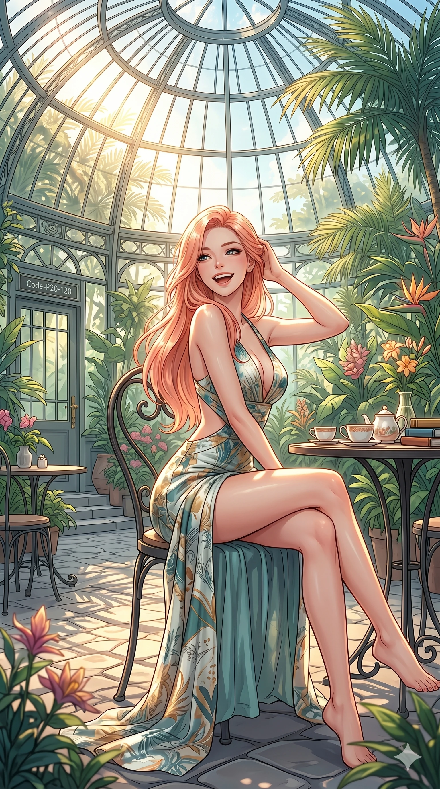 score_9, masterpiece, best quality, ultra-detailed, high-budget anime keyframe, vibrant anime aesthetic, Japanese woman. cowboy shot from the thighs up, character and outfit filling the frame for maximum presence. She is sitting on a cafe terrace, looking over her shoulder with a cheerful laugh standing in a botanical sanctuary under glass dome (Code-P20-120). She has an absolutely perfect 8-heads proportion, an exceptionally tall and slender female figure with impossibly long slender legs and an ultra-slim waist. V-shaped jawline, high-bridge nose, intricate jewel-like eyes with depth, thick eyelashes, glossy lips with a natural sheen. wearing a high-slit resort dress with plunging neck and side cutouts. She is drenched in brilliant morning sunshine, casting long warm highlights and leaf patterns. 2k, ultra detail, master piece, 9:16 ratio