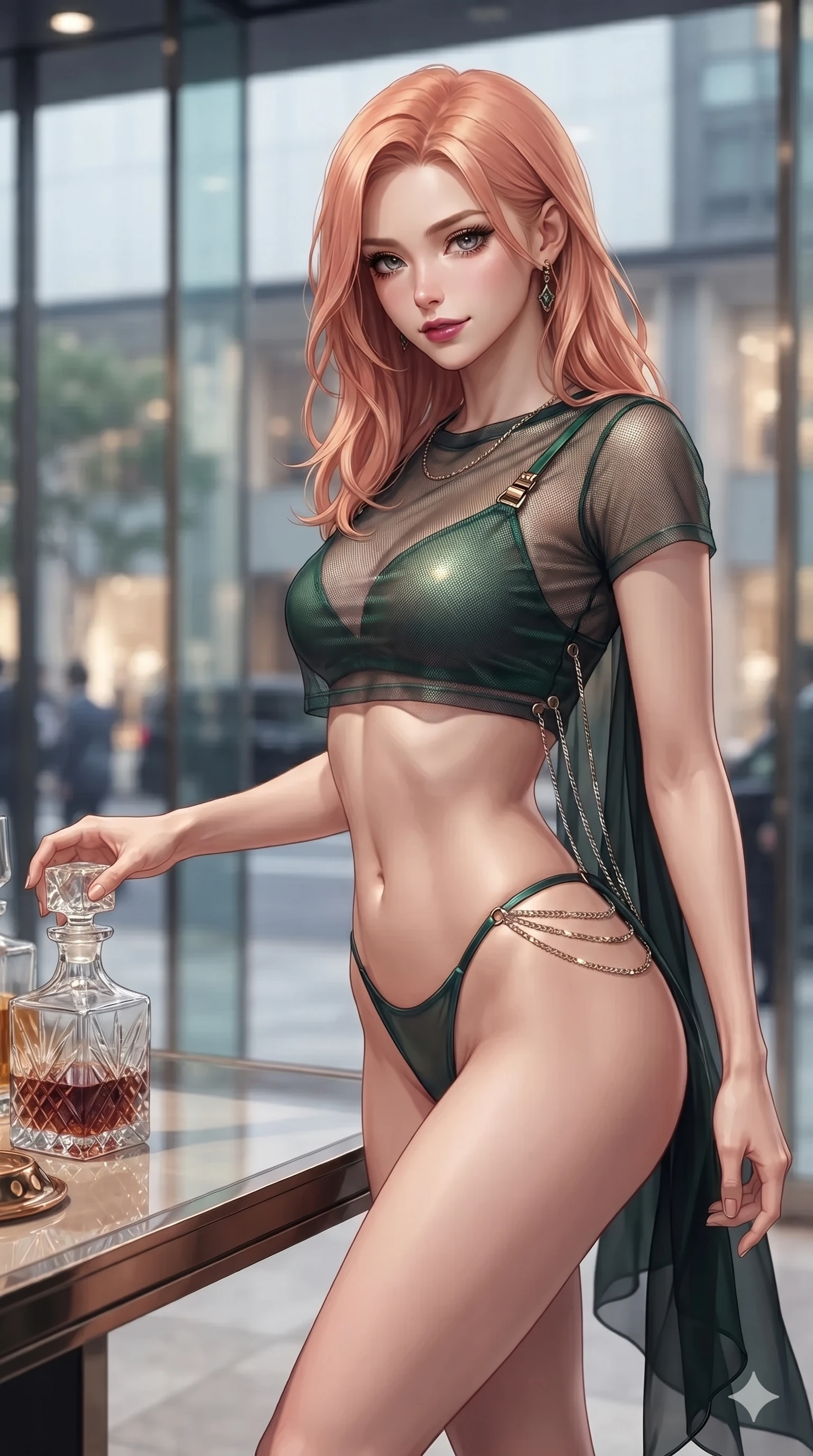 score_9, masterpiece, best quality, ultra-detailed, high-budget anime keyframe, editorial fashion photography, tasteful artistic composition, Japanese woman. close-up cowboy shot from the waist and thighs up, the character dominates the composition, filling the frame with her large presence. twisting her slender torso in an alluring S-curve while reaching for a vintage crystal decanter, her dark tailored fit highlighting her hourglass curves while twisting her slender torso in an alluring contrapposto stance, interior museum-quality spotlights tracing her narrow waist and rounded hips. The background shows a soft-focus exclusive Ginza shopping district softened in luxury storefront shallow focus. She has an exceptionally elegant, slender, and willowy female figure with an ultra-slim waist, flat toned midriff, narrow ribcage, and sculpted feminine hips creating an alluring, slim hourglass silhouette without bulk. sharp v-shaped jawline, high-bridge nose, intricate jewel-like dark sparkling eyes with dangerous depth, thick curled eyelashes, glossy parted lips with a rich wine sheen, smoldering seductive half-smile with bedroom-eyes, exuding effortless superiority and intoxicating dark allure, flawlessly proportioned anatomical accuracy, strict slender model proportions, natural body alignment, perfectly sculpted long slender limbs, ultra-slim waistline, clean dynamic posture without body distortion. wearing a translucent iridescent mesh swim crop top paired with high-cut string bikini bottoms and gold waist chains in dark emerald green and brushed antique bronze, crafted from layered gossamer black organza with weightless, smoky flutter, accented with an open-back drape framed by falling strands of delicate chrome chains, the liquid-tight tailored fabric clinging flawlessly to her narrow waist and rounded feminine hips, emphasizing every millimeter of her sculpted slim hourglass curves without any bulky heaviness. bathed in pristine 4500K museum-grade gallery lighting washing through the expansive glass facade. ultra-reflective glossy finish, specular highlights, rich textural contrasts, high-contrast stereoscopic depth, volumetric dynamic lighting, 2k, ultra detail, master piece, 9:16 ratio