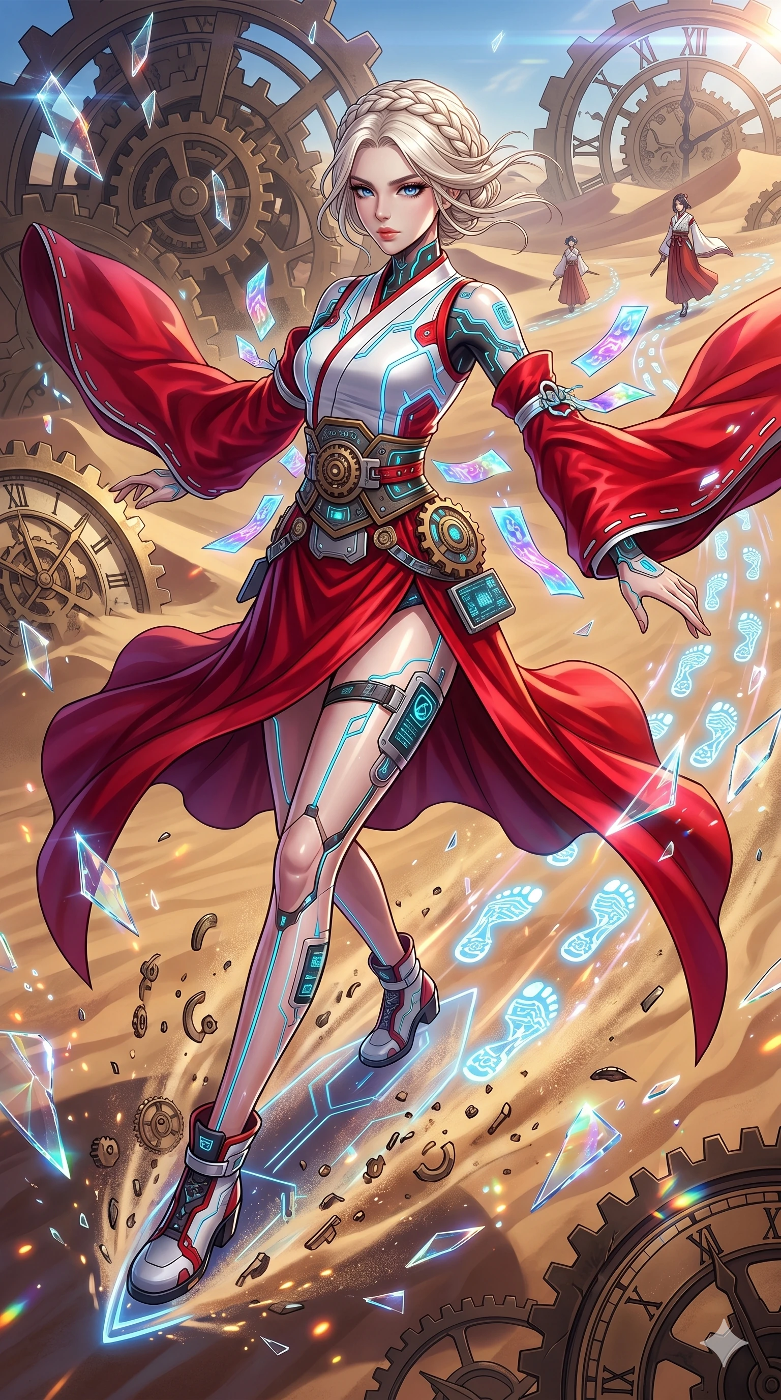 score_9, masterpiece, best quality, ultra-detailed, Set A: High-budget Anime Keyframe, Korean woman. Upper body close-up from the thighs up, character filling the screen for maximum presence. Sliding through a clockwork desert, as she leaves a trail of 148 glowing footprints and surrounded by shattered glass fragments. She has an absolutely perfect 8-heads proportion, an exceptionally tall and slender female figure with impossibly long slender legs and an ultra-slim waist. Sharp v-shaped jawline, high-bridge nose, intricate jewel-like eyes with depth, thick eyelashes, glossy lips with a natural sheen. Wearing Cyber-miko outfit with holographic paper charms and a high-slit red silk skirt. Cinematic lighting, vibrant colors, dramatic shadows, 2k, ultra detail, master piece, 9:16 ratio