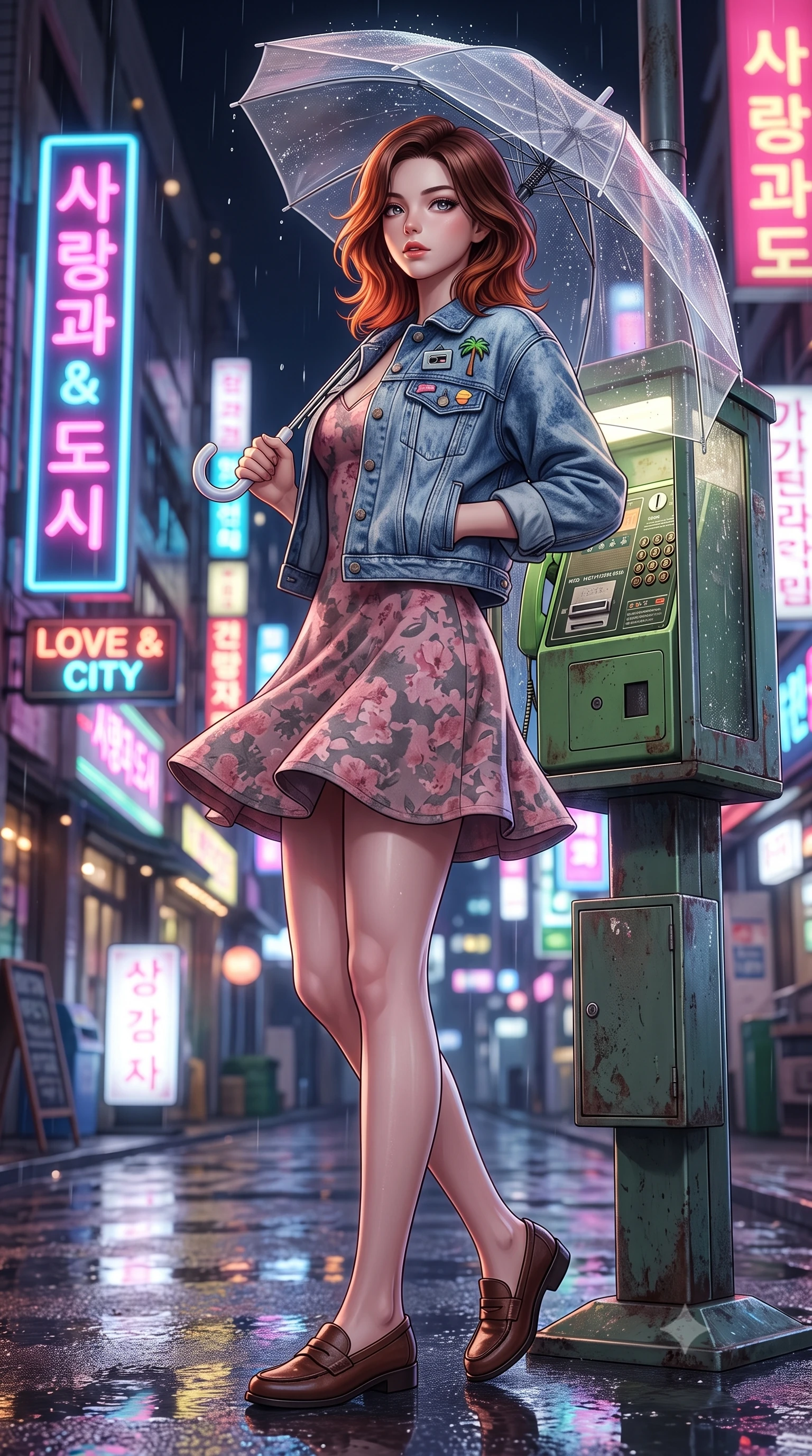 score_9, masterpiece, best quality, ultra-detailed, high-budget anime keyframe, semi-realistic 3D game render, editorial fashion photography, tasteful artistic composition, Korean woman. low angle full-body shot from head to toe showing her feet, filling the entire 9:16 vertical frame with her statuesque presence, stretching her vertical silhouette. executing an elegant mid-motion spin with effortless grace, her garments fluttering softly around her ultra-slim waistline while leaning against a vintage green telephone booth with hands in her jacket pockets, looking back over her shoulder. The composition keeps background elements in soft focus with creamy bokeh. splattering raindrops on umbrella plastic and neon glare scattering soft nostalgic light motes. She has an absolutely perfect, statuesque 8.5-heads proportion, an exceptionally tall and slender model-like female figure with impossibly long slender legs, a toned flat midriff, and an ultra-slim waist. sharp v-shaped jawline, high-bridge nose, intricate jewel-like eyes with depth, thick eyelashes, glossy lips with a natural sheen, captivating and magnetic expression, flawlessly proportioned anatomical accuracy, strict slender model proportions, natural body alignment, perfectly sculpted long slender limbs, ultra-slim waistline, clean dynamic posture without body distortion. wearing a classic cropped acid-wash denim jacket paired with a floral print slip dress and combat boots in dusty rose pink and vintage heather grey, tailored from velvety soft genuine suede with classic stitched seams, finished with retro enamel varsity pins and classic leather loafers, the sleek tailored cut tightly hugging her graceful clavicle, narrow waist, and feminine curves with statuesque precision. surrounded by a romantic, moody, and irresistibly nostalgic 90s city-pop heroine aura. highly saturated vibrant anime colors, detailed shading with soft gradients, rich glossy textures, high-contrast stereoscopic depth, volumetric dynamic lighting, master piece, 9:16 ratio