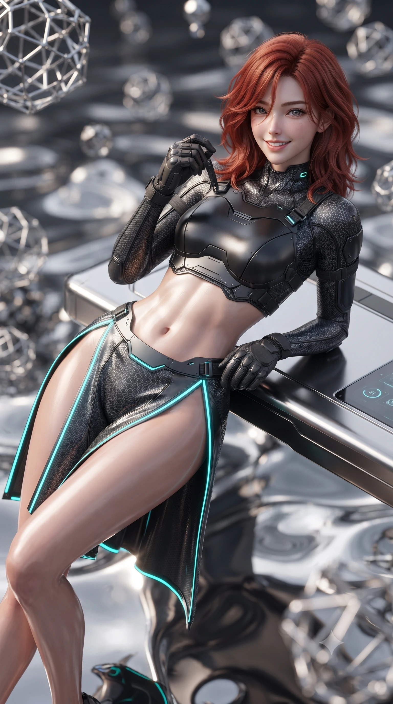 score_9, masterpiece, best quality, ultra-detailed, high-budget anime keyframe, editorial fashion photography, tasteful artistic composition, Korean woman. close-up cowboy shot from the waist and thighs up, the character dominates the composition, filling the frame with her large presence. adjusting her tactical glove with cool confidence, her bright smile capturing fresh girlhood charm while her arched torso reveals an intoxicating hip contour while lounging on an elevated carbon-composite console propped on one elbow, her flat midriff and long slender limbs glowing in liquid metal reflections. The background shows a soft-focus swirling pools of reflective liquid chrome and floating geometric nanotech lattices blurred into molten silver, platinum, and charcoal bokeh. She has an exceptionally elegant, slender, and willowy female figure with an ultra-slim waist, flat toned midriff, narrow ribcage, and sculpted feminine hips creating an alluring, slim hourglass silhouette without bulk. sharp v-shaped jawline, high-bridge nose, intricate jewel-like sparkling eyes with depth, thick eyelashes, glossy parted lips with a natural sheen, bright confident smile with an enchanting and coquettish sensual glint, exuding both youthful magnetic charm and sovereign high-tech allure, flawlessly proportioned anatomical accuracy, strict slender model proportions, natural body alignment, perfectly sculpted long slender limbs, ultra-slim waistline, clean dynamic posture without body distortion. wearing a cyber-samurai tactical suit featuring a shortened carbon chestplate and high-slit armored wrap skirt in matte obsidian black and glowing neon cyan trim, woven from delicate semi-opaque high-tensile nano-mesh with intricate hexagonal micro-patterns, finished with criss-cross Kevlar tactical straps tracing her graceful shoulder blades, the aerodynamic second-skin silhouette tightly following the natural contour of her hips and long slender legs with youthful 8.5-heads elegance. bathed in the blinding mirror-like sheen and specular reflections of liquid mercury pools. ultra-reflective glossy finish, specular highlights, rich textural contrasts, high-contrast stereoscopic depth, volumetric dynamic lighting, 2k, ultra detail, master piece, 9:16 ratio
