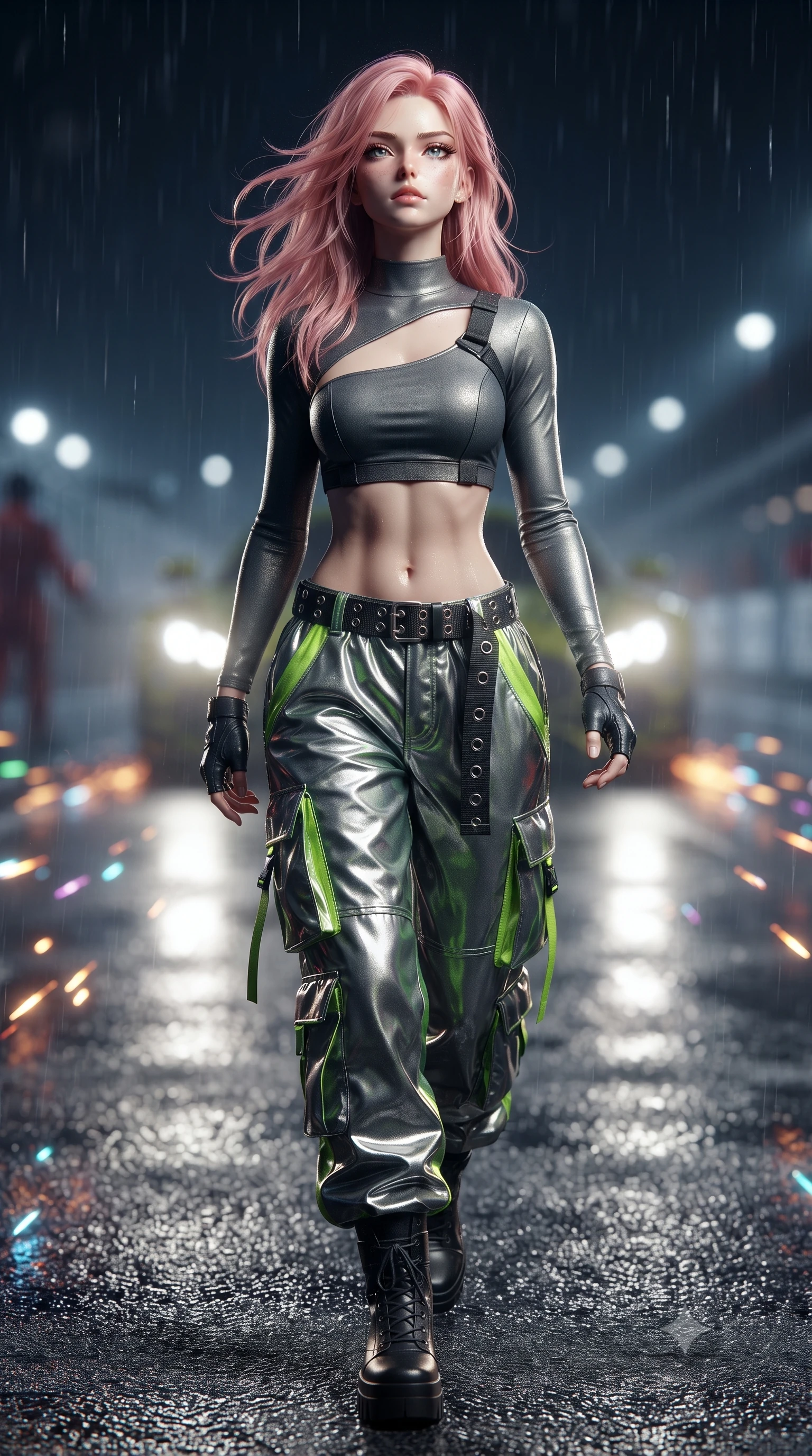 score_9, masterpiece, best quality, ultra-detailed, high-budget anime keyframe, editorial fashion photography, tasteful artistic composition, Japanese woman. close-up cowboy shot from the waist and thighs up, the character dominates the composition, filling the frame with her large presence. tilting her chin up with proud, sovereign allure while gazing through thick eyelashes with an irresistible, dangerous bedroom-gaze while striding dynamically along the wet pitlane pavement as incoming headlights cast long, cinematic specular reflections. The composition keeps background elements in soft focus with creamy bokeh. rain-slicked asphalt reflections and turbo exhaust sparks scattering vivid chromatic light motes. She has an exceptionally elegant, slender, and willowy female figure with an ultra-slim waist, a gracefully sculpted slender torso, toned flat midriff, and a refined slim silhouette. sharp v-shaped jawline, high-bridge nose, intricate jewel-like eyes with depth, thick eyelashes, glossy parted lips with a natural sheen, intensely captivating and seductive expression, flawlessly proportioned anatomical accuracy, strict slender model proportions, natural body alignment, perfectly sculpted long slender limbs, ultra-slim waistline, clean dynamic posture without body distortion. wearing an asymmetric single-sleeve moto crop top paired with baggy metallic parachute trousers and grommet belt in dark carbon grey and laser green accents, crafted from flexible reflective spandex and heavy tactical webbing, accessorized with bold platform racing boots and fingerless leather gloves, the glove-like aerodynamic second-skin fit tightly clinging to her ultra-slender waist and athletic curves without adding bulk, accentuating her razor-sharp statuesque lines and slim hourglass silhouette. illuminated by wet specular asphalt bounce lights sculpting her toned midriff, slender waist, and long legs. ultra-reflective glossy finish, specular highlights, rich textural contrasts, high-contrast stereoscopic depth, volumetric dynamic lighting, 2k, ultra detail, master piece, 9:16 ratio