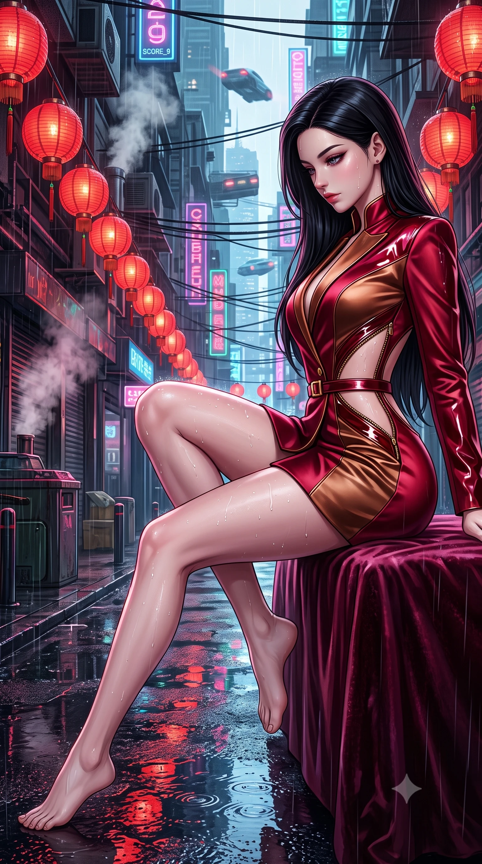 score_9, masterpiece, best quality, ultra-detailed, high-budget anime keyframe, semi-realistic 3D game render, editorial fashion photography, tasteful artistic composition, Korean woman. low angle full-body shot from head to toe showing her feet, filling the entire 9:16 vertical frame with her statuesque presence, stretching her vertical silhouette. reclining on her side in an elegant Cleopatra pose with one knee drawn up, the dramatic contour of her rounded hips and long slender legs commanding the 9:16 vertical frame while standing poised beneath hanging crimson paper lanterns, twisting her slender torso in an alluring S-curve while looking down at the neon-lit alley below. The surrounding environment is rendered in vivid detail and crisp panoramic clarity. detailed embroidered silk qipao fabric sheen, raindrops on skin, and cyberpunk cityscape in high clarity. She has an absolutely perfect, statuesque 8.5-heads proportion, an exceptionally tall and slender model-like female figure with impossibly long slender legs, a toned flat midriff, an ultra-slim waist, and beautifully sculpted feminine hips. sharp v-shaped jawline, high-bridge nose, intricate jewel-like eyes with depth, thick eyelashes, glossy parted lips with a natural sheen, intensely captivating and seductive bedroom-eyes expression, flawlessly proportioned anatomical accuracy, strict slender model proportions, natural body alignment, perfectly sculpted long slender limbs, ultra-slim waistline, clean dynamic posture without body distortion. wearing a tailored satin tuxedo jacket dress with mandarin lapels and a slim gold-buckle belt in rich crimson silk and liquid bronze, formed from high-gloss patent leather with sharp specular chiaroscuro, accented with diagonal metal zippers running across the side-waist cutouts, the precision-cut side openings and low-back scoop framing her graceful spine and the sensual sweep of her hips. illuminated by wet specular asphalt bounce lights sharply sculpting her narrow waist and rounded hips. highly saturated vibrant anime colors, detailed shading with soft gradients, rich glossy textures, high-contrast stereoscopic depth, volumetric dynamic lighting, master piece, 9:16 ratio