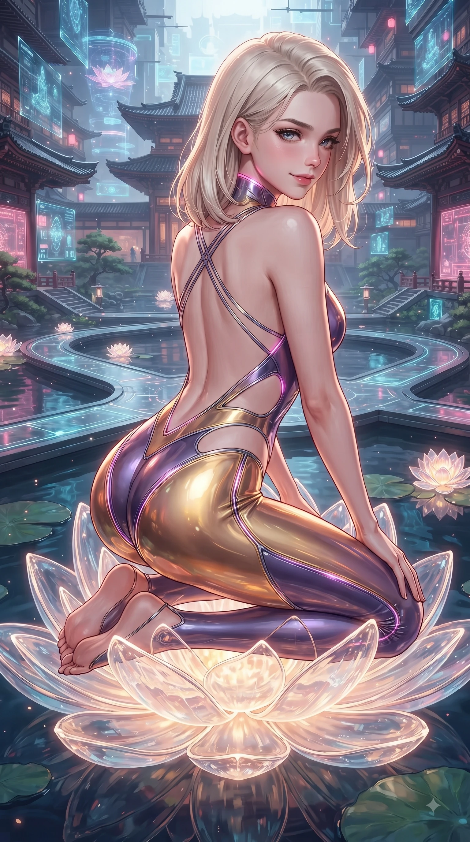 score_9, masterpiece, best quality, ultra-detailed, high-budget anime keyframe, editorial fashion photography, tasteful artistic composition, Caucasian woman. close-up cowboy shot from the waist and thighs up, the character dominates the composition, filling the frame with her large presence. stretching forward with an alluring arch of her spine, glancing over her shoulder with thick eyelashes and a smoldering half-smile while kneeling gracefully on a giant glowing glass lotus blossom floating in a tech-temple pond. The surrounding environment is rendered in vivid detail and crisp panoramic clarity. rich oriental cyber-temple aesthetics captured with environmental clarity. She has an exceptionally elegant, slender, and willowy female figure with an ultra-slim waist, a gracefully sculpted slender torso, and a refined silhouette. sharp v-shaped jawline, high-bridge nose, intricate jewel-like eyes with depth, thick eyelashes, glossy lips with a natural sheen, flawlessly proportioned anatomical accuracy, natural body alignment, perfectly sculpted elegant limbs, clean dynamic posture without body distortion. wearing a liquid chrome micro-bodysuit sculpted tightly to her figure, featuring razor-thin metallic straps and an open back in lustrous molten gold and pure deep violet, tailored from semi-translucent cybernetic vinyl with glowing micro-filaments, complemented by criss-cross back straps highlighting her completely bare spine, the daring cutouts accentuating her delicate midriff, graceful collarbones, and feminine contour. illuminated by soft glowing white ambient lights and sharp pink side key lights tracing her neck and waist. ultra-reflective glossy finish, specular highlights, metallic sheen, high-contrast stereoscopic depth, volumetric dynamic lighting, 2k, ultra detail, master piece, 9:16 ratio