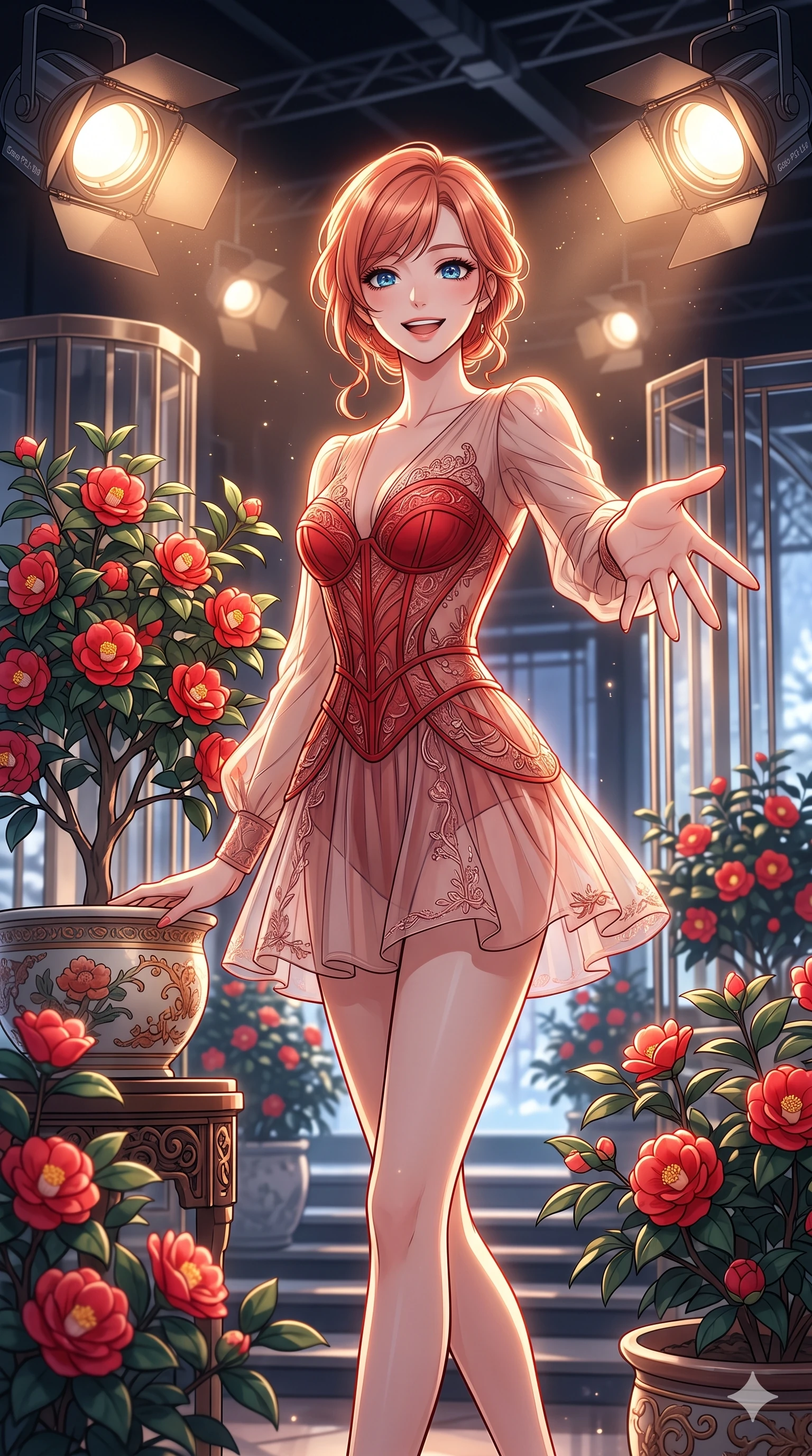 score_9, masterpiece, best quality, ultra-detailed, high-budget anime keyframe, vibrant anime aesthetic, Japanese woman. cowboy shot from the thighs up, character and outfit filling the frame for maximum presence. She is standing by a camellia pot, smiling brightly while reaching out a hand in winter inside a high-fashion set with warm spotlight beams (Code-P21-154). She has an absolutely perfect 8-heads proportion, an exceptionally tall and slender female figure with impossibly long slender legs and an ultra-slim waist. V-shaped jawline, high-bridge nose, intricate jewel-like eyes with depth, thick eyelashes, glossy lips with a natural sheen. wearing a sheer chiffon dress with a red corset bodice in winter. She is intense warm winter rim lights, outlining her 8-heads proportion and V-shaped jawline. 2k, ultra detail, master piece, 9:16 ratio