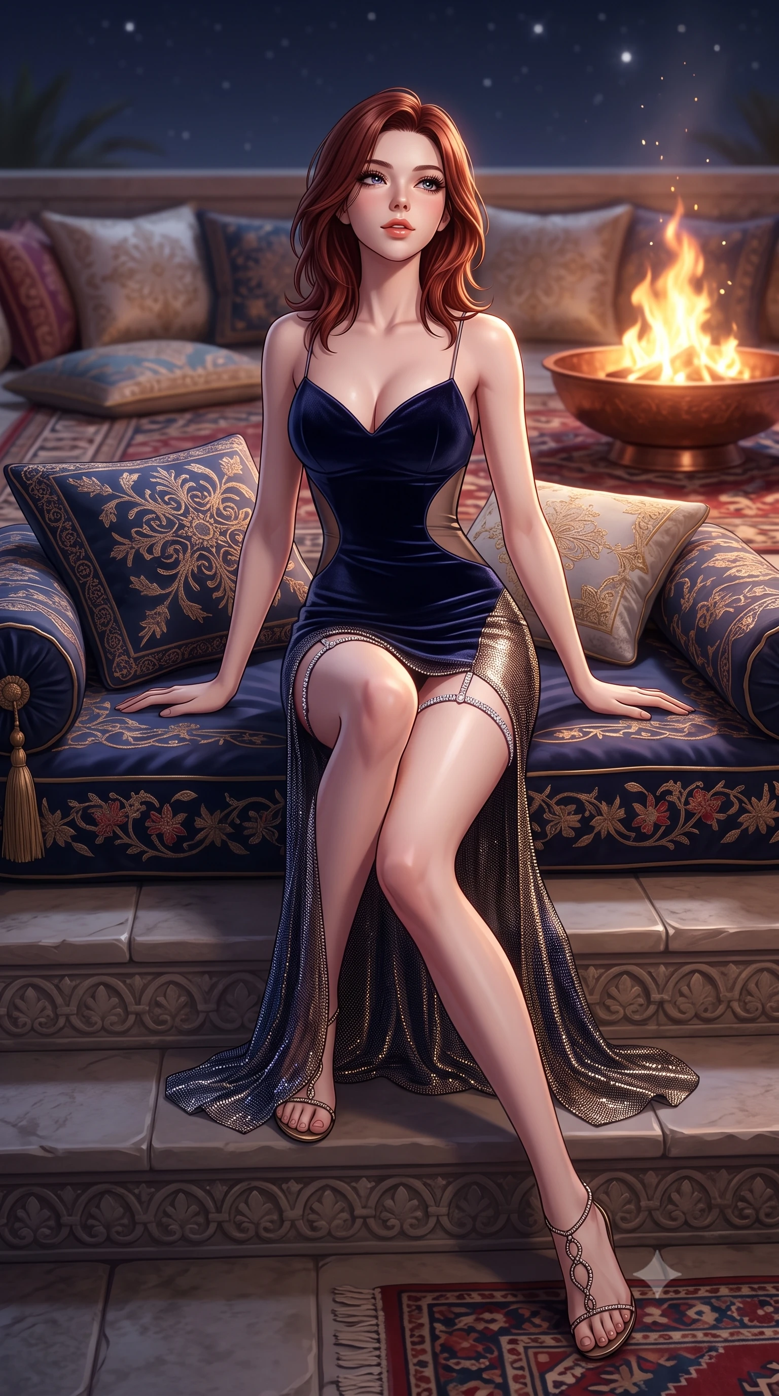 score_9, masterpiece, best quality, ultra-detailed, high-budget anime keyframe, semi-realistic 3D game render, editorial fashion photography, tasteful artistic composition, Korean woman. low angle full-body shot from head to toe showing her feet, filling the entire 9:16 vertical frame with her statuesque presence, stretching her vertical silhouette. sitting poised on the stone steps with one knee bent, arching her spine with supermodel elegance as she glances upward through thick eyelashes while lounging gracefully across the oversized embroidered velvet divan on the rooftop terrace, arching her lower back to emphasize her curvy hips beneath the desert stars. The background shows a soft-focus embroidered silk pillows and kilim rugs softened in romantic Arabian Nights shallow focus. She has an absolutely perfect, statuesque 8.5-heads proportion, an exceptionally tall and slender model-like female figure with impossibly long slender legs, an ultra-slim waist, a flat toned midriff, narrow delicate ribcage, and beautifully sculpted feminine hips creating a graceful, slim hourglass silhouette without any bulky heaviness. sharp v-shaped jawline, high-bridge nose, sparkling eyes with hypnotic seductive depth, thick curled eyelashes, glossy parted lips with a natural dewy peach sheen, alluring bedroom-eyes with an enchanting coquettish smile, exuding magnetic siren charisma and sophisticated glamour, flawlessly proportioned anatomical accuracy, strict slender model proportions, natural body alignment, perfectly sculpted long slender limbs, ultra-slim waistline, clean dynamic posture without body distortion. wearing a deep sweetheart-neckline velvet bodycon dress with sheer side-torso cutouts accentuating her hourglass curves in Austrian opera midnight indigo and antique brass, crafted from shimmering fluid chainmail mesh reflecting ambient lights, finished with delicate crystal-encrusted thigh garter straps glinting in the dim light, the second-skin tailored fabric adhering flawlessly to her sculpted flat midriff and slender torso, emphasizing her long leg lines and perfectly proportioned willowy build. bathed in the warm, dynamic golden-crimson flicker of the outdoor copper fire bowl mixed with pure silver celestial starlight. highly saturated vibrant anime colors, detailed shading with soft gradients, rich glossy textures, high-contrast stereoscopic depth, volumetric dynamic lighting, master piece, 9:16 ratio