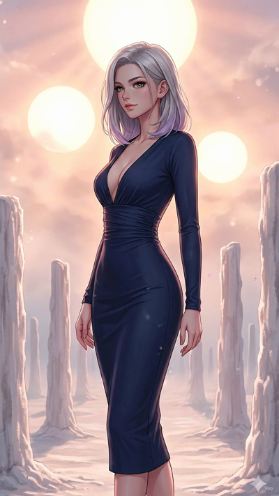 A cinematic 2D anime animation. The warm pendant lights and neon highlights glow brighter and pulse gently. Volumetric dust motes drift lazily through the warm orange sunbeams. The camera executes a slow, steady orbit around the character. Subtle shi