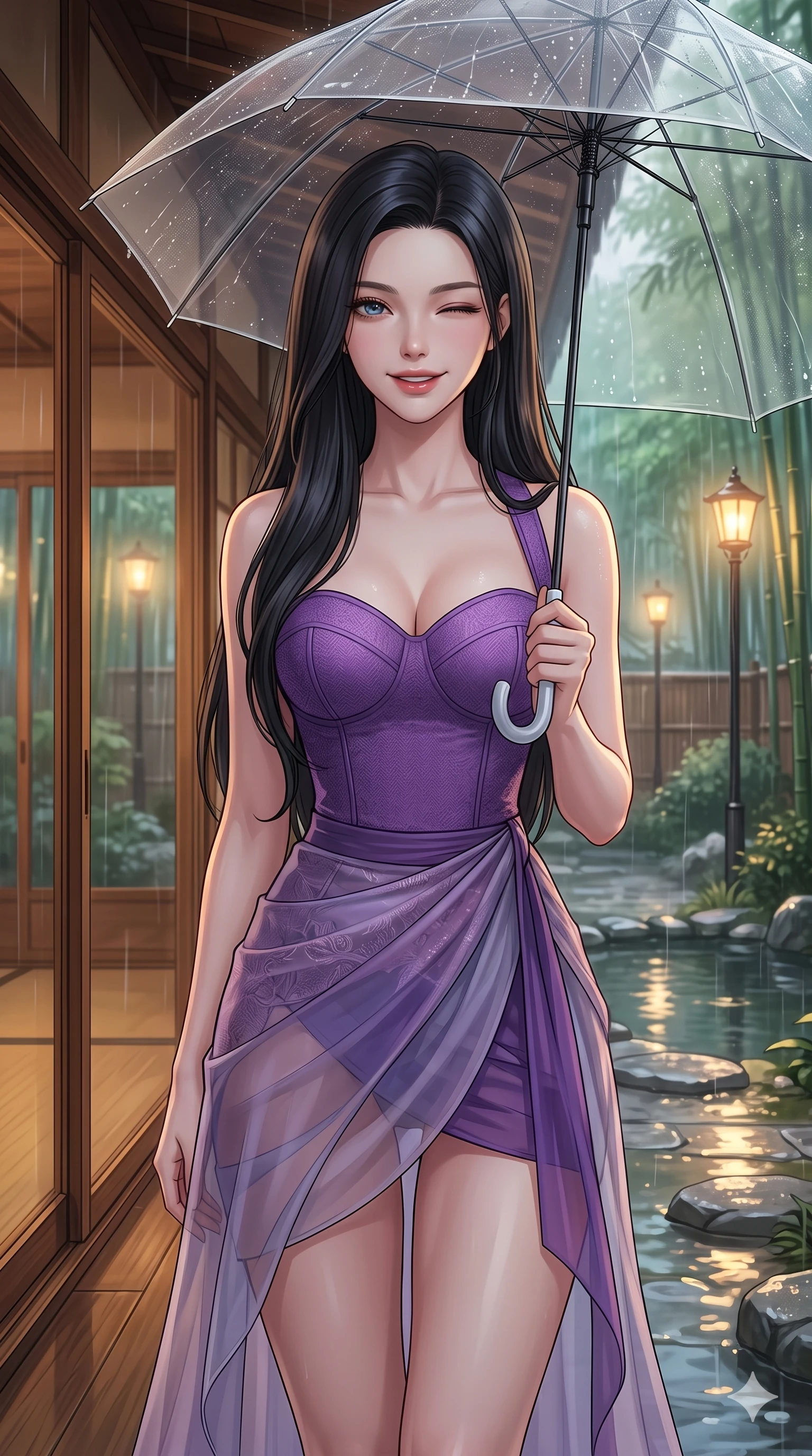 score_9, masterpiece, best quality, ultra-detailed, high-budget anime keyframe, vibrant anime aesthetic, Korean woman. close-up cowboy shot from the waist and thighs up, the character dominates the composition, filling the frame with her large presence, background elements kept in soft focus. She is standing under a clear umbrella, winking playfully with a delightful smile, looking directly into the lens with a captivating and confident presence. the background shows a soft-focus warm, wood-paneled tea house veranda with large sliding glass doors facing a rain-swept bamboo garden (Code-P22-161). She has an absolutely perfect proportion, an exceptionally elegant and slender female figure with an ultra-slim waist. V-shaped jawline, high-bridge nose, intricate jewel-like eyes with depth, thick eyelashes, glossy lips with a natural sheen. wearing a structured textured bodice with a sweetheart neckline and a translucent chiffon wrap skirt in amethyst purple and silk overlays. She is illuminated by warm gaslight street lamps, casting soft reflections on wet pavements, outlining her elegant silhouette by the quiet garden pond. 2k, ultra detail, master piece, 9:16 ratio
