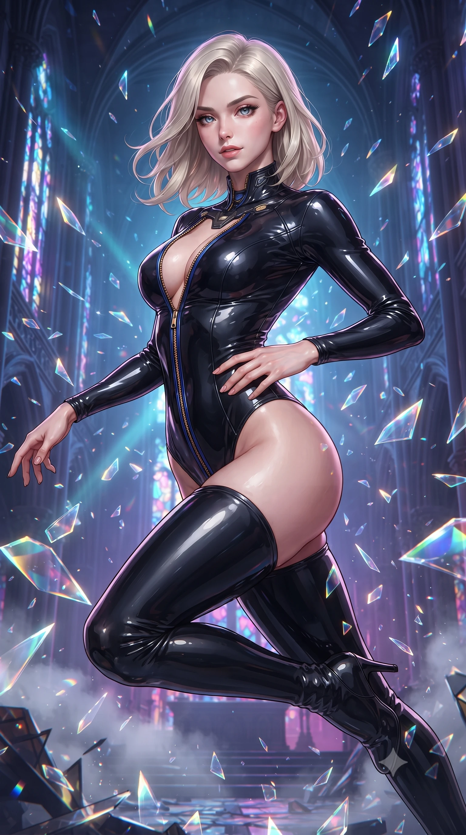 score_9, masterpiece, best quality, ultra-detailed, high-budget anime keyframe, editorial fashion photography, tasteful artistic composition, Caucasian woman. close-up cowboy shot from the waist and thighs up, the character dominates the composition, filling the frame with her large presence. twisting her upper body in a dynamic S-curve with an alluring smolder, one hand trailing along her slender waist while leaping through shattered stained glass of a neon-lit futuristic cathedral amidst a rain of glowing shards. The surrounding environment is rendered in vivid detail and crisp panoramic clarity. volumetric neon light rays cutting through fog and shattered architecture rendered in panoramic precision. She has an exceptionally elegant, slender, and willowy female figure with an ultra-slim waist, a gracefully sculpted slender torso, and a refined silhouette. sharp v-shaped jawline, high-bridge nose, intricate jewel-like eyes with depth, thick eyelashes, glossy lips with a natural sheen, flawlessly proportioned anatomical accuracy, natural body alignment, perfectly sculpted elegant limbs, clean dynamic posture without body distortion. wearing a glossy black second-skin latex bodysuit with high-thigh cuts, exposed clavicle neckline, and gleaming zipper details in midnight sapphire blue and glowing gold filaments, crafted from ultra-reflective second-skin latex with a glass-like polish, featuring a dangerously unzipped neckline framed by glowing cybernetic accents, the sleek aerodynamic cut emphasizing her magnetic presence and alluring physical grace. illuminated by sparkling rainbow prismatic refractions from glass shards and sharp side key lights. ultra-reflective glossy finish, specular highlights, metallic sheen, high-contrast stereoscopic depth, volumetric dynamic lighting, 2k, ultra detail, master piece, 9:16 ratio