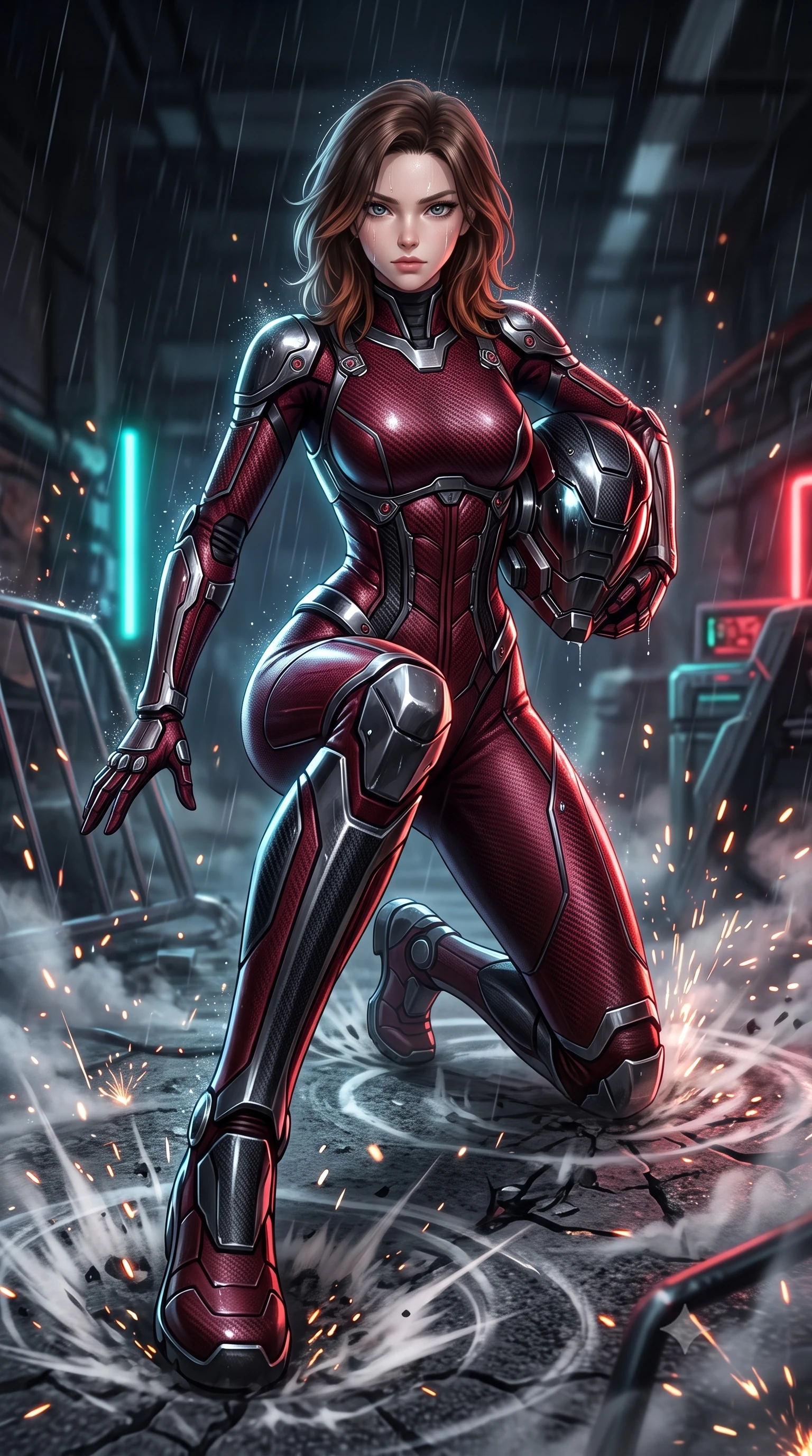 score_9, masterpiece, best quality, ultra-detailed, high-budget anime keyframe, semi-realistic 3D game render, editorial fashion photography, tasteful artistic composition, Korean woman. low angle full-body shot from head to toe showing her feet, filling the entire 9:16 vertical frame with her statuesque presence, stretching her vertical silhouette. landing gracefully from a high-altitude leap on one knee and palm, her statuesque silhouette framed by radial shockwave ripples in the ground while pivoting dynamically through escaping coolant steam as her heavy carbon shoulder guards smash through steel barricades. The composition keeps background elements in soft focus with creamy bokeh. sparkling short-circuit sparks scattering radiant light motes across a dark fortified bunker backdrop. She has an absolutely perfect, statuesque 8.5-heads proportion, an exceptionally tall and slender model-like female figure with impossibly long slender legs, a toned flat midriff, and an ultra-slim waist. sharp v-shaped jawline, high-bridge nose, intricate jewel-like eyes with depth, thick eyelashes, glossy lips with a natural sheen, fierce and resolute heroine expression, flawlessly proportioned anatomical accuracy, strict slender model proportions, natural body alignment, perfectly sculpted long slender limbs, ultra-slim waistline, clean dynamic posture without body distortion. holding a modular carbon battle-helmet under one arm, her flawless face and sculpted neck exposed to the rain with determined warrior focus, paired with a statuesque high-fashion cyber-warrior armor suit with platinum bevels, heavy articulated shoulder guards, and an ultra-slim waist-cinching corset in deep battle-scarred crimson carbon weave with specular dark chrome accents, made of liquid carbon-jersey fabric accentuating every curve of her tall, slender model proportions, finished with high-mobility flexible armor articulation seams and miniature magnetic locks, the sleek second-skin cut tightly hugging her graceful clavicle, narrow waist, and feminine curves with athletic precision. illuminated by sharp specular highlights tracing her ultra-slim waist, long legs, and sculpted armor plates. rich saturated anime colors with glowing neon highlights, detailed shading with soft gradients, rich glossy textures, high-contrast stereoscopic depth, volumetric dynamic lighting, master piece, 9:16 ratio