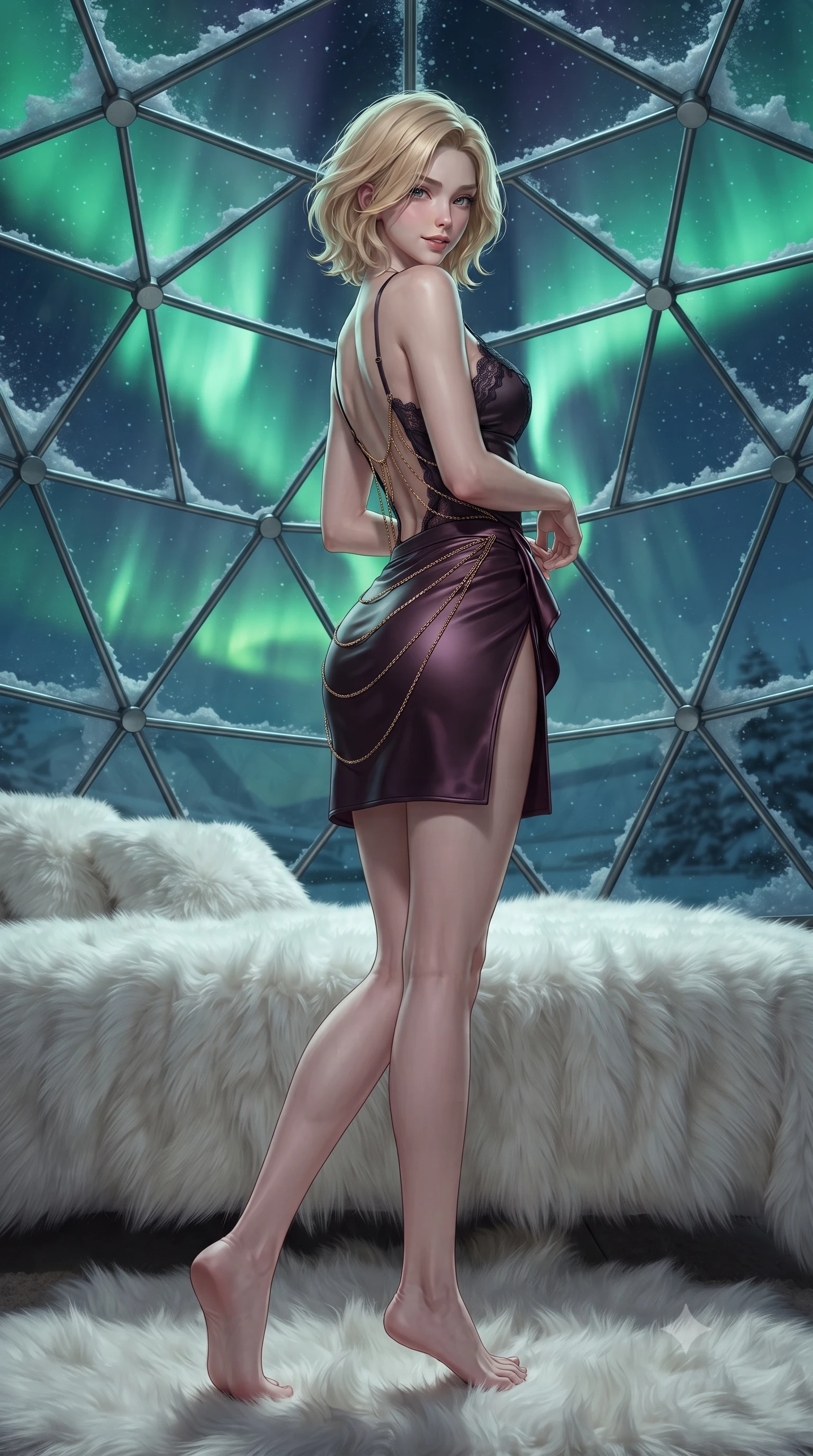 score_9, masterpiece, best quality, ultra-detailed, high-budget anime keyframe, editorial fashion photography, tasteful artistic composition, Caucasian woman. low angle full-body shot from head to toe showing her feet, filling the entire 9:16 vertical frame with her statuesque presence, stretching her vertical silhouette. executing a slow, graceful pivot turn as her skirt sways around her slender legs, glancing back with an enchanting, teasing sensual expression while reclining on the plush white faux-fur daybed under the heated glass geodesic dome, arching her back with breathtaking siren grace as green auroras dance overhead. The surrounding environment is rendered in vivid detail and crisp panoramic clarity: sharp geodesic steel frame nodes, snow crystal facets clinging to heated exterior glass panes, and plush polar faux-fur fibers in deep focus. She has an absolutely perfect, statuesque 8.5-heads proportion, an exceptionally tall and slender model-like female figure with impossibly long slender legs, an ultra-slim waist, a flat toned midriff, narrow delicate ribcage, and beautifully sculpted feminine hips creating a graceful, slim hourglass silhouette without any bulky heaviness. sharp v-shaped jawline, high-bridge nose, sparkling eyes with hypnotic seductive depth, thick curled eyelashes, glossy parted lips with a natural dewy peach sheen, alluring bedroom-eyes with an enchanting coquettish smile, exuding magnetic siren charisma and sophisticated glamour, flawlessly proportioned anatomical accuracy, strict slender model proportions, natural body alignment, perfectly sculpted long slender limbs, ultra-slim waistline, clean dynamic posture without body distortion. wearing a delicate lace-trimmed silk camisole paired with a draped satin wrap sarong mini skirt with high side slit in rich dark plum violet and gilded antique brass, woven from buttery-soft stretch lambskin leather adhering to her body like a second skin, accented with an open-back drape framed by falling strands of delicate gold chains, the liquid-tight tailored fabric clinging flawlessly to her narrow waist and rounded feminine hips, emphasizing every millimeter of her sculpted slim hourglass curves without any bulky heaviness. illuminated by snowy ground reflection fill and sharp icy-platinum rim lights defining her razor-sharp jawline, narrow waist, and curvy hips. ultra-reflective glossy finish, specular highlights, rich textural contrasts, high-contrast stereoscopic depth, volumetric dynamic lighting, 2k, ultra detail, master piece, 9:16 ratio