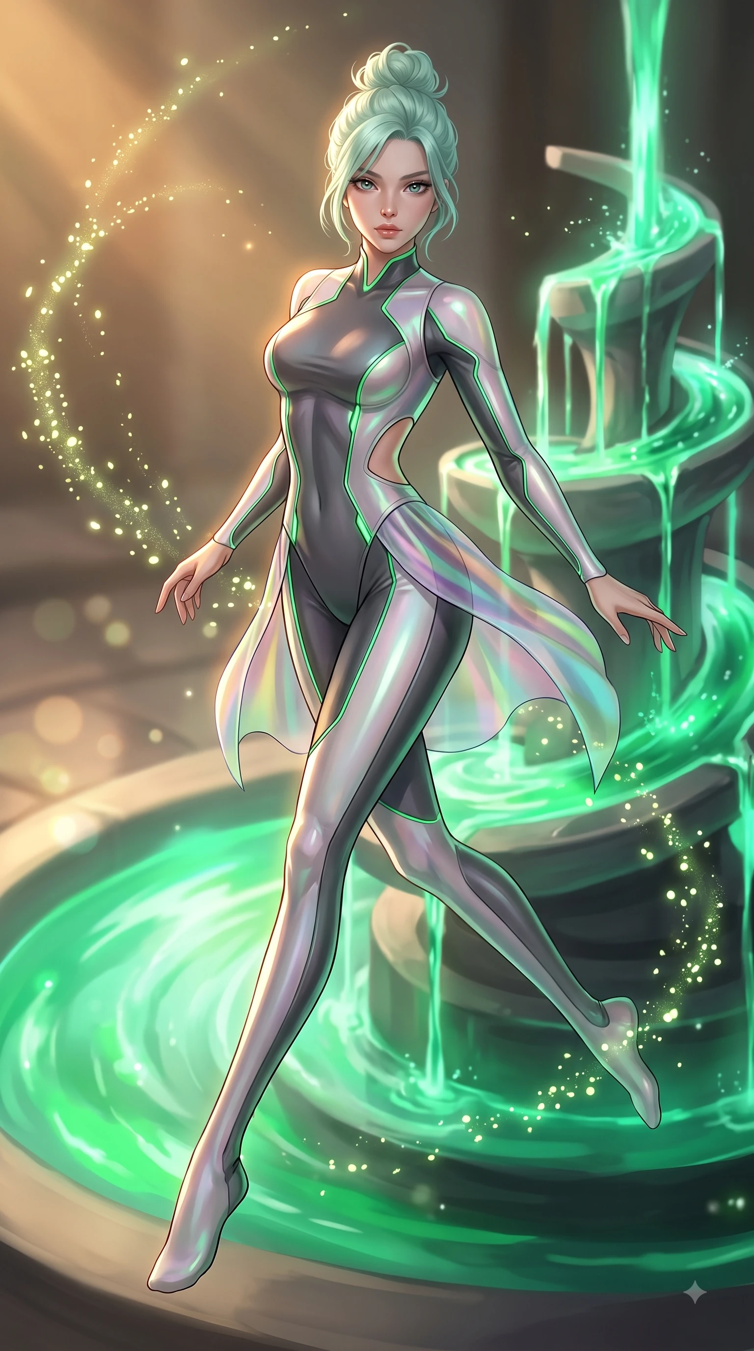 score_9, masterpiece, best quality, ultra-detailed, high-budget anime keyframe, editorial fashion photography, tasteful artistic composition, Japanese woman. low angle full-body shot from head to toe showing her feet, filling the entire 9:16 vertical frame with her statuesque presence, stretching her vertical silhouette. leaping gracefully through mid-air with statuesque elegance, her impossibly long slender legs stretched in perfect balance while pivoting dynamically beside a hydro-flow spiral fountain flowing with bioluminescent emerald sap, glowing pollen particles drifting gracefully around her statuesque silhouette. She has an absolutely perfect, statuesque 8.5-heads proportion, an exceptionally tall and slender model-like female figure with impossibly long slender legs and an ultra-slim waist. sharp v-shaped jawline, high-bridge nose, intricate jewel-like eyes with depth, thick eyelashes, glossy lips with a natural sheen, flawlessly proportioned anatomical accuracy, natural body alignment, perfectly sculpted elegant limbs, clean dynamic posture without body distortion. wearing a skin-tight cybernetic bodysuit with glowing neon seams and side cutouts in charcoal grey and platinum, crafted from iridescent chiffon that shifts colors in the light, featuring clean architectural cutouts along her slender torso, the elegant draped fit framing her graceful clavicle and slender torso. bathed in warm golden sunlight and soft emerald bioluminescent glow. ultra-reflective glossy finish, specular highlights, metallic sheen, high-contrast stereoscopic depth, volumetric dynamic lighting, 2k, ultra detail, master piece, 9:16 ratio