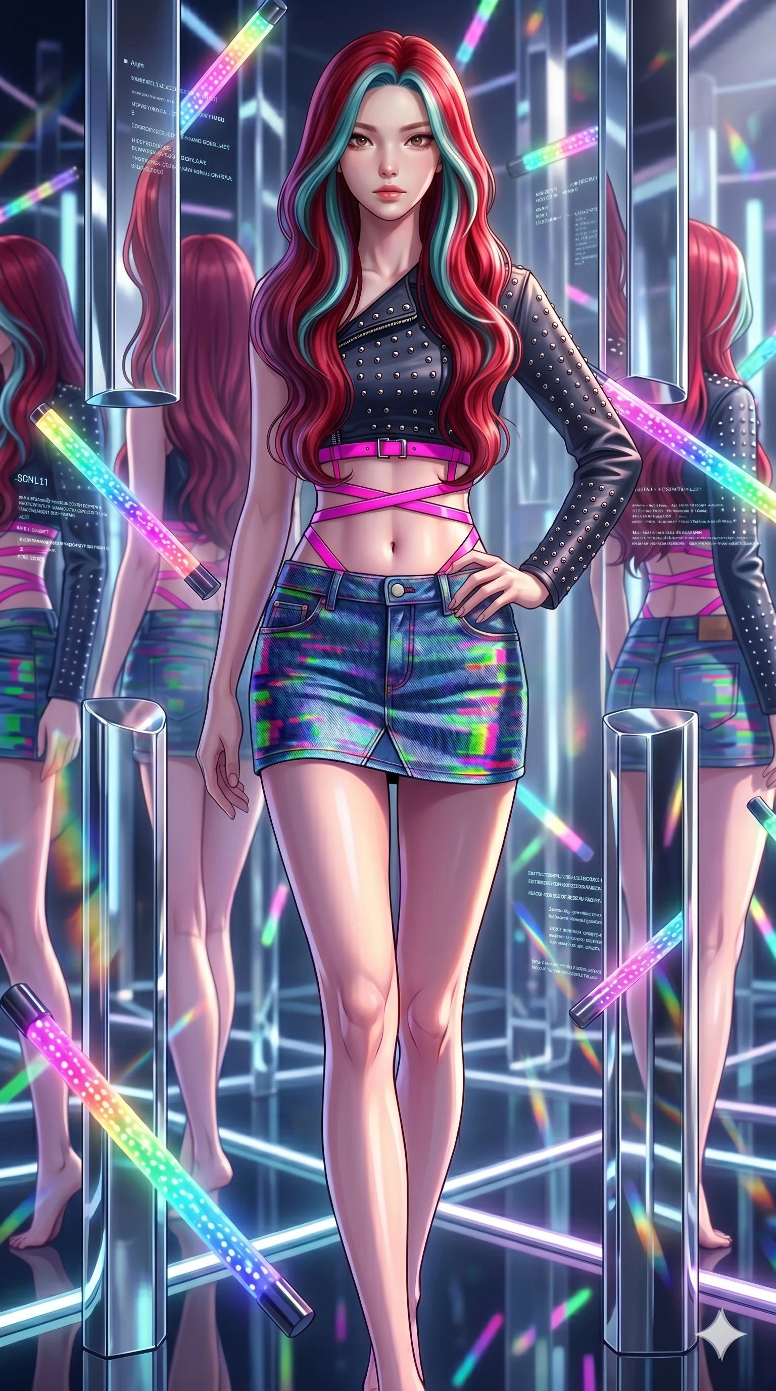 score_9, masterpiece, best quality, ultra-detailed, high-budget anime keyframe, Korean woman. upper body close-up from the thighs up, character filling the screen for maximum presence. navigating a kinetic light-sculpture mirror maze, passing between floating chromium mirror pillars and rotating LED sticks. She has an absolutely perfect 8-heads proportion, an exceptionally tall and slender female figure with impossibly long slender legs and an ultra-slim waist. V-shaped jawline, high-bridge nose, intricate jewel-like eyes with depth, thick eyelashes, glossy lips with a natural sheen.. wearing a glitch denim and studded leather outfit, featuring an RGB glitch pattern denim micro-skirt, a single-sleeve cropped leather jacket, and neon pink harness straps. lit by a soft glowing ambient light and a sharp side key light that traces the sleek contours of her athletic build. 2k, ultra detail, master piece, 9:16 ratio