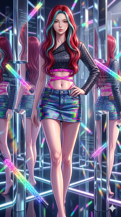 score_9, masterpiece, best quality, ultra-detailed, high-budget anime keyframe, Korean woman. upper body close-up from the thighs up, character filling the screen for maximum presence. navigating a kinetic light-sculpture mirror maze, passing between