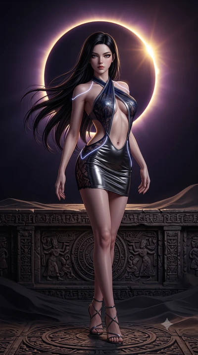 score_9, masterpiece, best quality, ultra-detailed, high-budget anime keyframe, semi-realistic 3D game render, editorial fashion photography, tasteful artistic composition, Korean woman. low angle full-body shot from head to toe showing her feet, fil