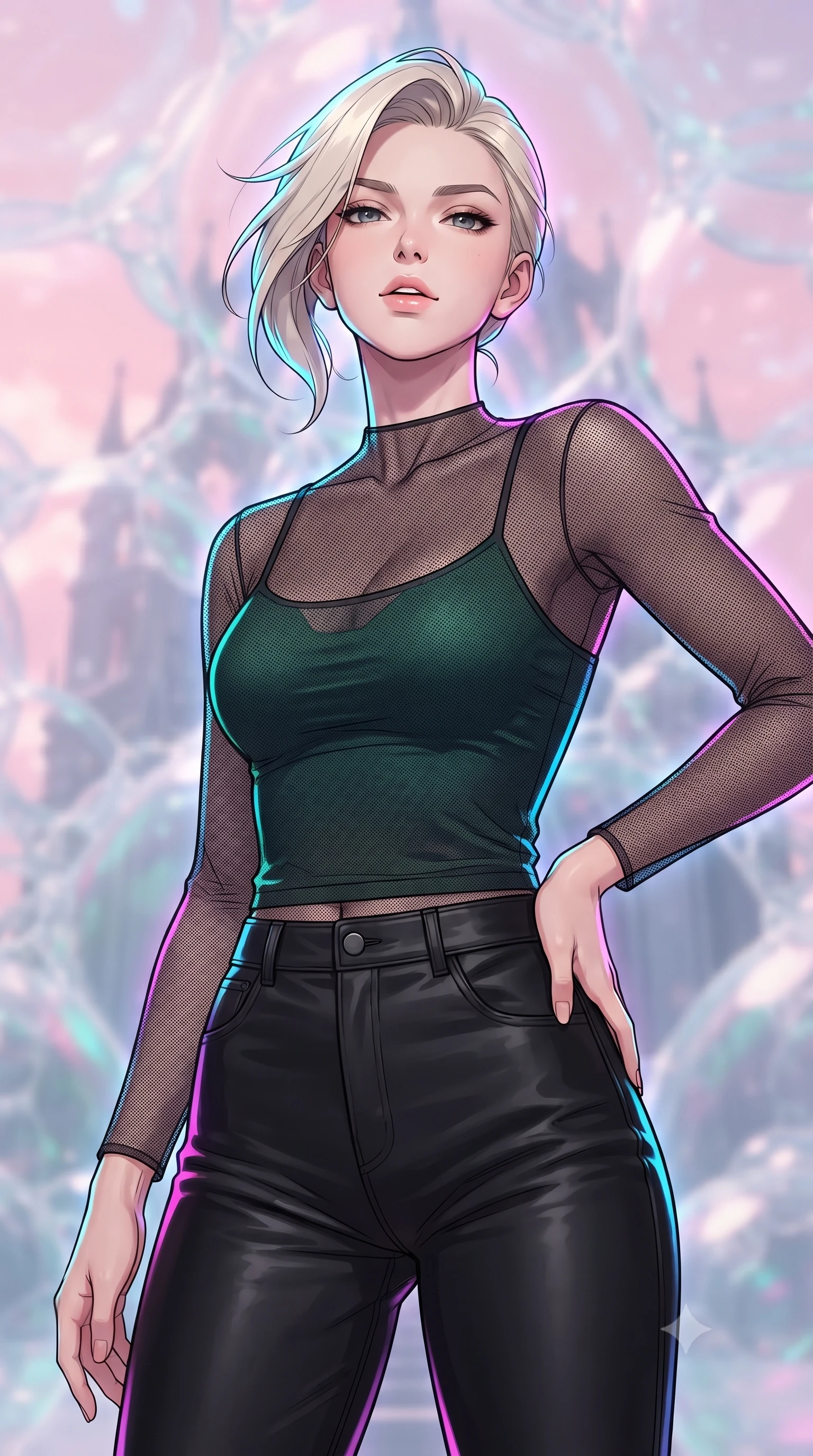 score_9, masterpiece, best quality, ultra-detailed, high-budget anime keyframe, gorgeous anime illustration, with clean line-art and distinct ink outlines, Caucasian woman, strictly human ears. close-up cowboy shot from the waist and thighs up, the character dominates the composition, filling the frame with her large presence, background elements kept in soft focus. Tilting her chin up slightly with lips parted in a composed expression. set against a soft-focus background of in a valley where the cathedral is built from giant, tough soap bubbles that float and join together, a pastel pink sky visible through the transparent walls. She has an exceptionally elegant and slender, willowy female figure with an ultra-slim waist, a gracefully sculpted slender torso, and a refined slim physique. sharp v-shaped jawline, high-bridge nose, intricate jewel-like eyes with depth, thick eyelashes, glossy lips with a natural sheen. wearing a transparent black mesh top over a fitted dark green tank top, paired with leather trousers. brilliant cinematic volumetric lighting with intense neon rim light outlining her form. 2k, ultra detail, master piece, 9:16 ratio, vibrant anime color palette, detailed cel-shading with soft gradients, rich contrast, dynamic lighting, 2d animation style