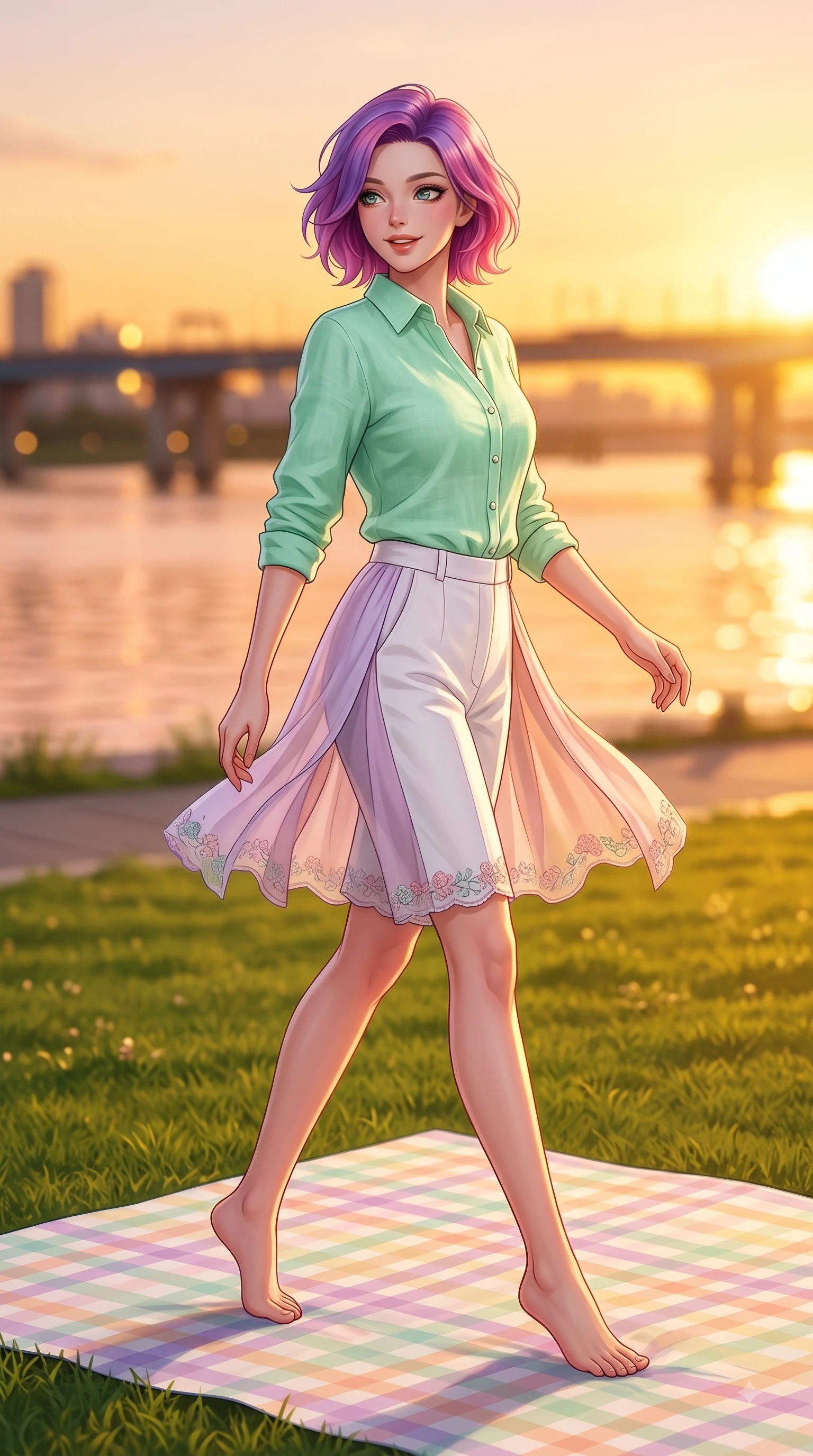 score_9, masterpiece, best quality, ultra-detailed, high-budget anime keyframe, editorial fashion photography, tasteful artistic composition, Caucasian woman. low angle full-body shot from head to toe showing her feet, filling the entire 9:16 vertical frame with her statuesque presence, stretching her vertical silhouette. stepping forward gracefully in mid-motion with a delighted cute expression, displaying her statuesque model proportions while sitting gracefully on a pastel checkered picnic mat on a green riverfront lawn during golden hour. The composition keeps background elements in soft focus with dreamy bokeh. rose-gold river reflections and distant city bridges blurred into warm golden evening bokeh. She has an absolutely perfect, statuesque 8.5-heads proportion, an exceptionally tall and slender model-like female figure with impossibly long slender legs and an ultra-slim waist. sharp v-shaped jawline, high-bridge nose, intricate jewel-like eyes with depth, thick eyelashes, glossy lips with a natural sheen, flawlessly proportioned anatomical accuracy, natural body alignment, perfectly sculpted elegant limbs, clean dynamic posture without body distortion. wearing a fresh mint green linen button-down shirt paired with tailored white Bermuda shorts in pastel lilac and soft rose gold, made of fine lightweight chiffon that flutters gently in the breeze, complemented by delicate embroidered floral trim along the hem, the soft airy drape swaying gracefully with her dynamic movements. bathed in glorious golden hour sunset sunbeams and warm amber sky radiance. highly saturated vibrant anime colors, detailed shading with soft gradients, rich glossy textures, high-contrast stereoscopic depth, volumetric dynamic lighting, master piece, 9:16 ratio