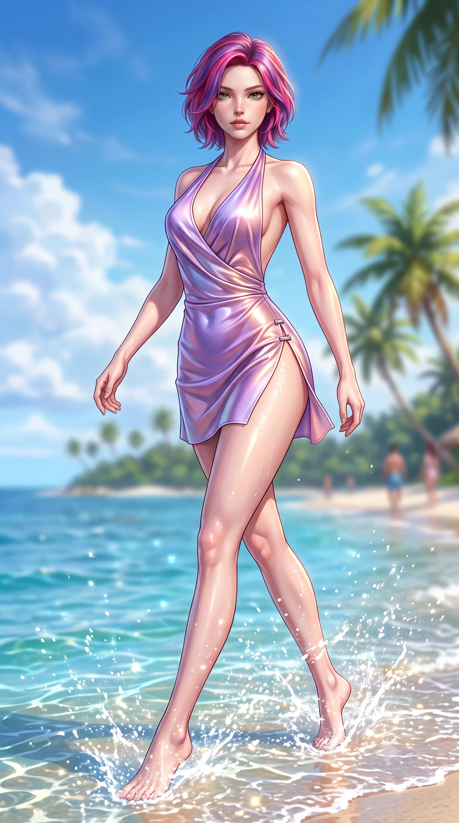 score_9, masterpiece, best quality, ultra-detailed, high-budget anime keyframe, semi-realistic 3D game render, editorial fashion photography, tasteful artistic composition, Caucasian woman. low angle full-body shot from head to toe showing her feet, filling the entire 9:16 vertical frame with her statuesque presence, stretching her vertical silhouette. pivoting dynamically in mid-motion with a breathtakingly alluring posture, displaying her flawless model proportions and ultra-slim waist while pivoting in mid-stride along the water edge as bright tropical sea spray sparkles in mid-air. The composition keeps background elements in soft focus with creamy bokeh. distant palm-lined islands and vibrant blue sky softened by shallow atmospheric focus. She has an absolutely perfect, statuesque 8.5-heads proportion, an exceptionally tall and slender model-like female figure with impossibly long slender legs, a toned flat midriff, and an ultra-slim waist. sharp v-shaped jawline, high-bridge nose, intricate jewel-like eyes with depth, thick eyelashes, glossy lips with a natural sheen, flawlessly proportioned anatomical accuracy, strict slender model proportions, natural body alignment, perfectly sculpted long slender limbs, ultra-slim waistline, clean dynamic posture without body distortion. wearing a form-contouring liquid satin halter-neck mini dress with a deep crossover cowl front, open back, and ultra-slender waist drape in luminous lavender violet and rose gold, made of smooth iridescent silk chiffon that shifts colors with movement, finished with an ultra-high side slit secured by miniature magnetic clasps, the form-contouring material adhering flawlessly to her sculpted flat midriff and slender torso, emphasizing her long leg lines and perfectly proportioned willowy build. bathed in dazzling tropical morning sunlight and glittering ocean water caustics. highly saturated vibrant anime colors, detailed shading with soft gradients, rich glossy textures, high-contrast stereoscopic depth, volumetric dynamic lighting, master piece, 9:16 ratio