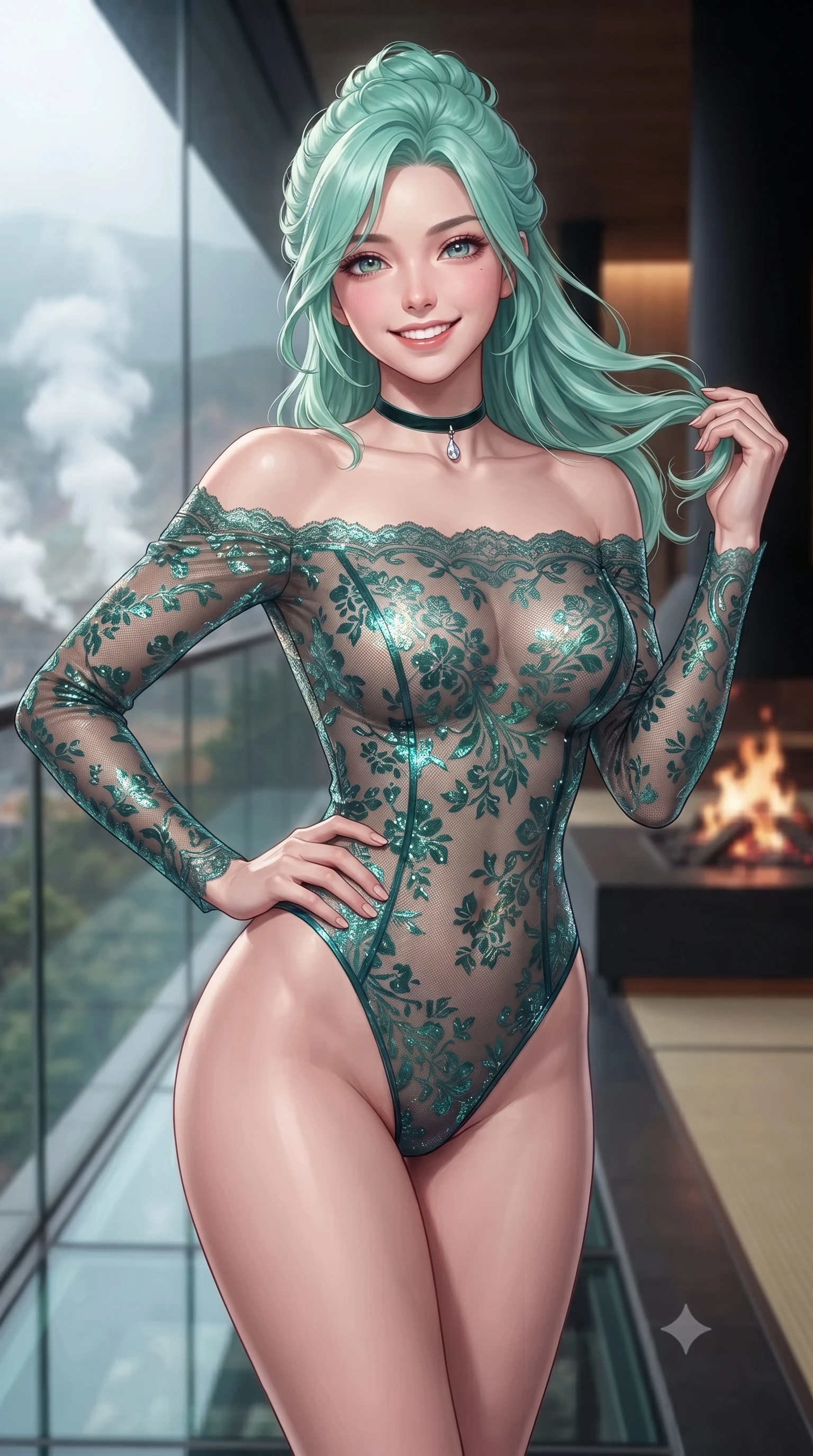 score_9, masterpiece, best quality, ultra-detailed, high-budget anime keyframe, editorial fashion photography, tasteful artistic composition, Japanese woman. close-up cowboy shot from the waist and thighs up, the character dominates the composition, filling the frame with her large presence. twisting her slender torso in an alluring contrapposto stance, one hand resting on her sculpted hip while her fingers toy with her hair with effortless poise while standing poised on the cantilevered structural glass bridge overlooking the misty Owakudani volcanic valley, arching her spine with commanding diva grace. The background shows a soft-focus dancing charcoal hearth flames softened in modern Hakone mountain retreat shallow focus. She has an exceptionally elegant, slender, and willowy female figure with an ultra-slim waist, flat toned midriff, narrow ribcage, and sculpted feminine hips creating an alluring, slim hourglass silhouette without bulk. sharp v-shaped jawline, high-bridge nose, intricate jewel-like sparkling eyes with depth, thick eyelashes, glossy parted lips with a natural peach sheen, bright cheerful beaming smile with an enchanting and coquettish sensual glint, exuding both youthful cute charm and seductive allure, flawlessly proportioned anatomical accuracy, strict slender model proportions, natural body alignment, perfectly sculpted long slender limbs, ultra-slim waistline, clean dynamic posture without body distortion. wearing an off-the-shoulder sheer-illusion Spanish lace bodysuit with strategic floral flocking and high-cut leg openings in Arctic aurora borealis emerald and starlight diamond, crafted from stretch micro-mesh with liquid foil coating that shimmers with every movement, finished with a thin velvet ribbon choker and a single teardrop diamond pendant, the bespoke structured tailoring following the natural line of her 8.5-heads silhouette with refined elegance. illuminated by tatami floor bounce and sharp rose-gold rim lights sculpting her jawline, narrow waist, and curvy hips. ultra-reflective glossy finish, specular highlights, rich textural contrasts, high-contrast stereoscopic depth, volumetric dynamic lighting, 2k, ultra detail, master piece, 9:16 ratio