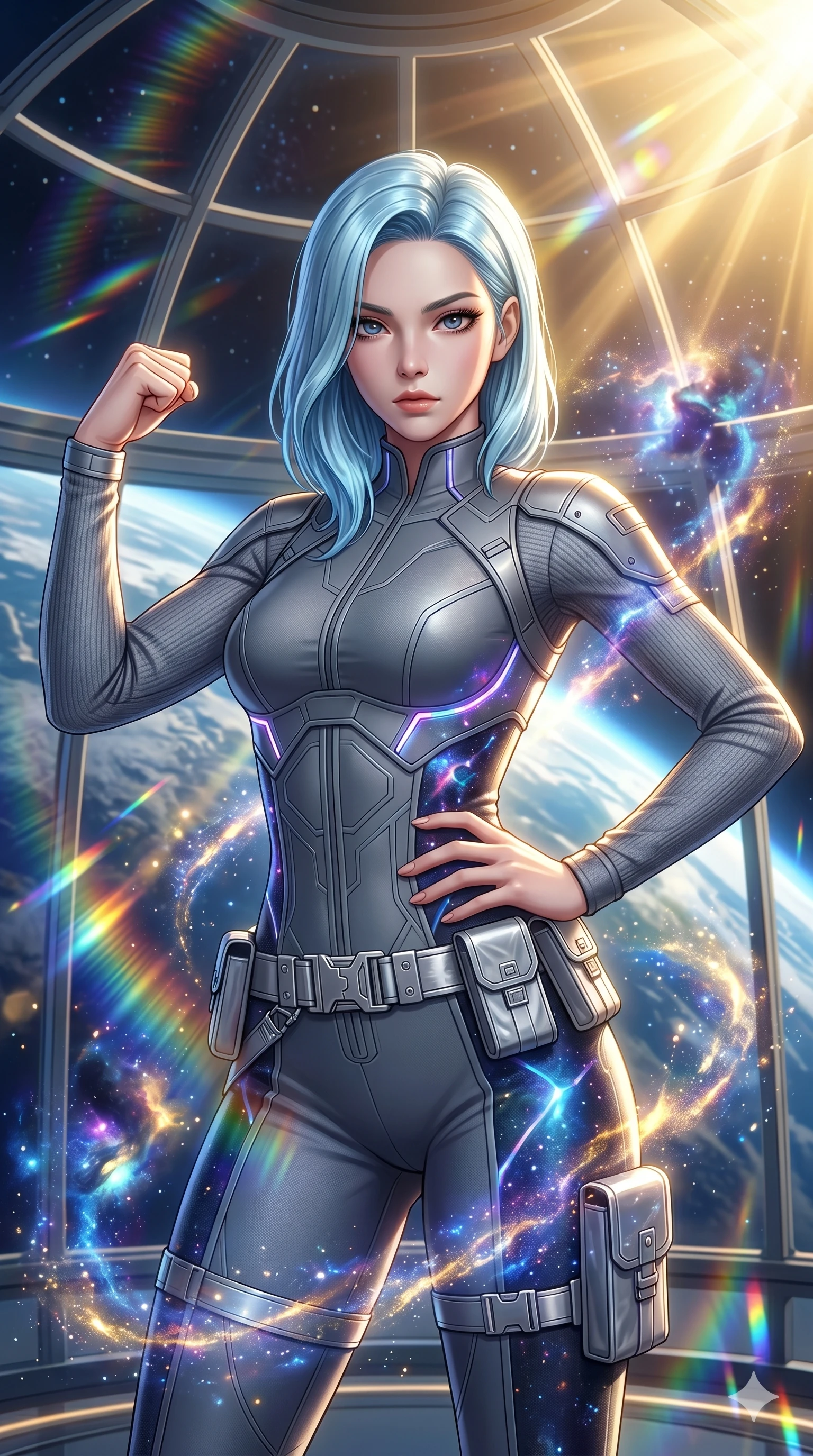 score_9, masterpiece, best quality, ultra-detailed, high-budget anime keyframe, semi-realistic 3D game render, Korean woman. Upper body close-up from the thighs up, character filling the screen for maximum presence. She is posing with dynamic energy as glowing cosmic stardust and floating nebulae swirl around her inside a sunlit orbital conservatory. She looks toward the camera with a captivating, intense gaze. She has an absolutely perfect 8-heads proportion, a tall and elegant figure with a refined silhouette and a defined waistline. V-shaped jawline, high-bridge nose, intricate jewel-like eyes with depth, thick eyelashes, glossy lips with a natural sheen. She is wearing a high-fashion tech-jumpsuit featuring structured panel overlays across the torso and shoulders, accented by a metallic silver utility belt and textured fabric sleeves. The scene is bathed in brilliant, high-contrast golden solar rays and refracting rainbow lens flares. 2k, ultra detail, master piece, 9:16 ratio