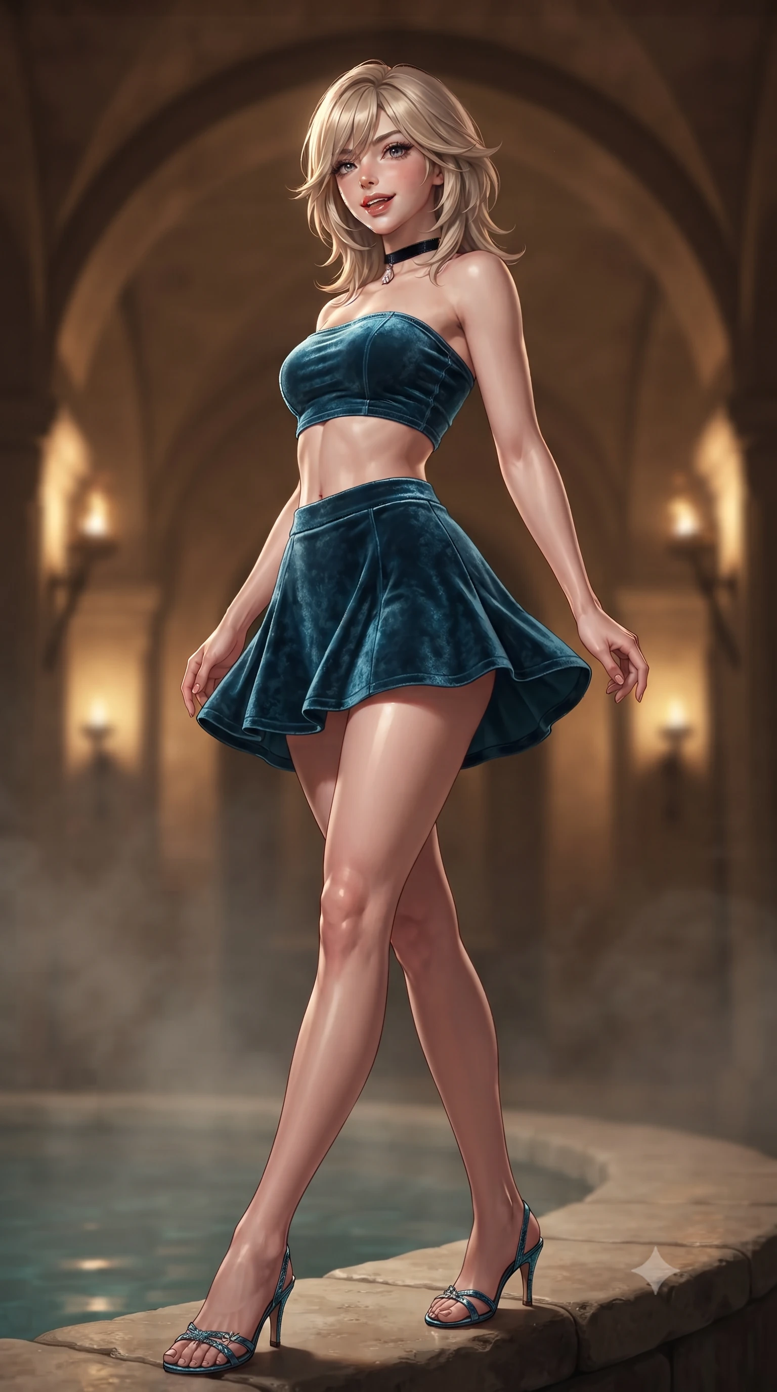 score_9, masterpiece, best quality, ultra-detailed, high-budget anime keyframe, editorial fashion photography, tasteful artistic composition, Japanese woman. low angle full-body shot from head to toe showing her feet, filling the entire 9:16 vertical frame with her statuesque presence, stretching her vertical silhouette. executing a slow, graceful pivot turn as her skirt sways around her slender legs, glancing back with an enchanting, teasing sensual expression while sitting perched gracefully on the stone pool coping with legs extended, flashing a radiant, playful smile with parted glossy lips. The background shows a soft-focus gentle mineral water vapor softened in royal Andalusian palace cistern shallow focus. She has an exceptionally tall and slender model-like 8.5-heads proportion, an ultra-slim waist, a flat toned midriff, narrow delicate ribcage, and beautifully sculpted feminine hips creating a graceful, slim hourglass silhouette without any bulky heaviness, with impossibly long slender legs. sharp v-shaped jawline, high-bridge nose, intricate jewel-like sparkling eyes with depth, thick eyelashes, glossy parted lips with a natural peach sheen, bright cheerful beaming smile with an enchanting and coquettish sensual glint, exuding both youthful cute charm and seductive allure, flawlessly proportioned anatomical accuracy, strict slender model proportions, natural body alignment, perfectly sculpted long slender limbs, ultra-slim waistline, clean dynamic posture without body distortion. wearing an ultra-cropped fitted bandeau top paired with a micro mini tennis skirt revealing her flat midriff in Icelandic geothermal cyan and volcanic basalt obsidian, tailored from ultra-plush silk velvet with rich tactile depth and deep shadow gradients, finished with a thin velvet ribbon choker and a single teardrop diamond pendant, the form-contouring silhouette accentuating her sculpted flat midriff, narrow delicate ribcage, and gracefully curvy hips with intoxicating allure. bathed in the dramatic warm 2400K golden torchlight and architectural sconces lining the underground arches. ultra-reflective glossy finish, specular highlights, rich textural contrasts, high-contrast stereoscopic depth, volumetric dynamic lighting, 2k, ultra detail, master piece, 9:16 ratio