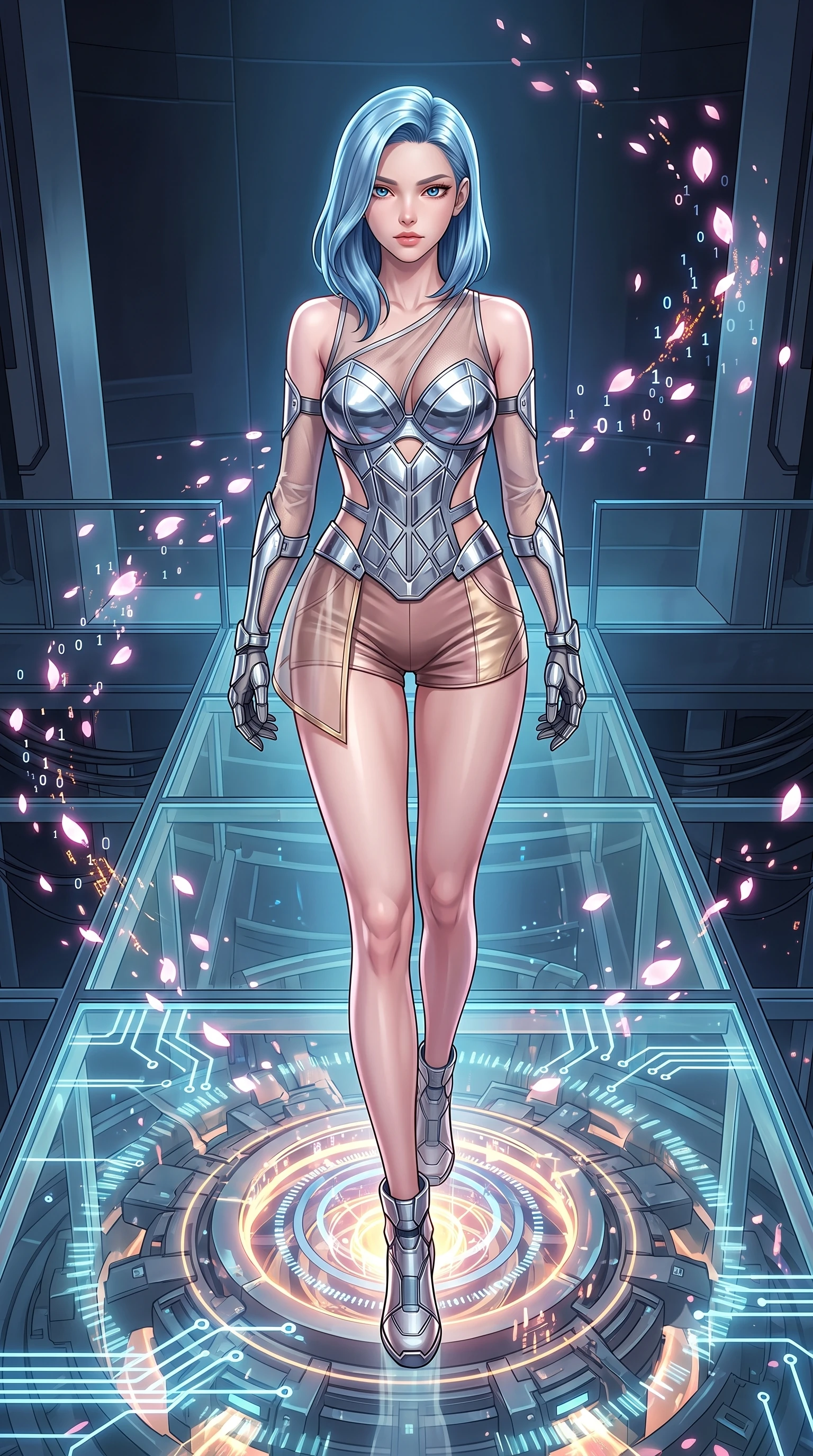 score_9, masterpiece, best quality, ultra-detailed, high-budget anime keyframe, editorial fashion photography, tasteful artistic composition, Korean woman. low angle full-body shot from head to toe showing her feet, filling the entire 9:16 vertical frame with her statuesque presence, stretching her vertical silhouette. forging dynamically through the scene, her vertical silhouette beautifully stretched poised on a glass platform over a quantum particle accelerator core, floating digital sakura petals flickering into binary code sparks. She has an absolutely perfect, statuesque 8.5-heads proportion, an exceptionally tall and slender model-like female figure with impossibly long slender legs and an ultra-slim waist. sharp v-shaped jawline, high-bridge nose, intricate jewel-like eyes with depth, thick eyelashes, glossy lips with a natural sheen. wearing a chrome-plated structured bodice worn over a sheer mesh top and micro-shorts in dusty rose and champagne gold, woven from fine semi-opaque sheer organza, featuring subtle geometric cutouts that highlight her ultra-slim midriff, the form-contouring material highlighting her ultra-slim waist and long lines. surrounded by a crisp high-tech illumination highlighting every sleek curve. highly saturated vibrant anime colors, detailed shading with soft gradients, rich glossy textures, high-contrast stereoscopic depth, volumetric dynamic lighting, master piece, 9:16 ratio