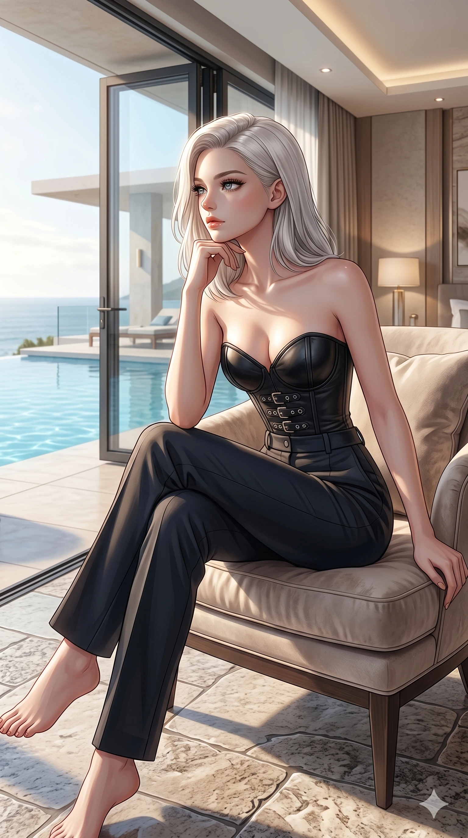 score_9, masterpiece, best quality, ultra-detailed, high-budget anime keyframe, editorial fashion photography, tasteful artistic composition, Caucasian woman, strictly human ears. cowboy shot from the thighs up, character and outfit filling the frame for maximum editorial presence. sitting near the pool, resting her chin on her hand inside a beachside penthouse suite with large open glass doors (Code-P19-179). She has an absolutely perfect 8-heads proportion, an exceptionally tall and slender female figure with impossibly long slender legs and an ultra-slim waist. V-shaped jawline, high-bridge nose, intricate jewel-like eyes with depth, thick eyelashes, glossy lips with a natural sheen. wearing a leather corset with sweetheart neckline revealing her cleavage. drenched in soft morning sunshine, tracing her bare shoulders and clavicle lines. 2k, ultra detail, master piece, 9:16 ratio