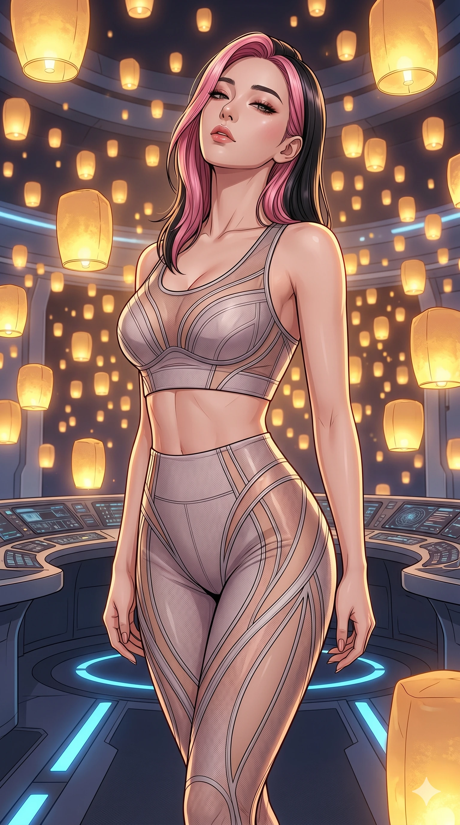 score_9, masterpiece, best quality, ultra-detailed, high-budget anime keyframe, editorial fashion photography, tasteful artistic composition, Korean woman. cowboy shot from the thighs up, character and outfit filling the frame for maximum editorial presence. Arching her neck slightly with her eyes half-closed in a moment of calm self-assurance inside a futuristic control center with circular console desks and blue floor lights. She has an absolutely perfect 8-heads proportion, an exceptionally tall and slender female figure with impossibly long slender legs and an ultra-slim waist. V-shaped jawline, high-bridge nose, intricate jewel-like eyes with depth, thick eyelashes, glossy lips with a natural sheen. wearing a high-fashion athletic set featuring a structured sports top and leggings with sheer-mesh contouring panels. illuminated by thousands of floating golden lanterns casting a soft, warm, glowing atmosphere. 2k, ultra detail, master piece, 9:16 ratio