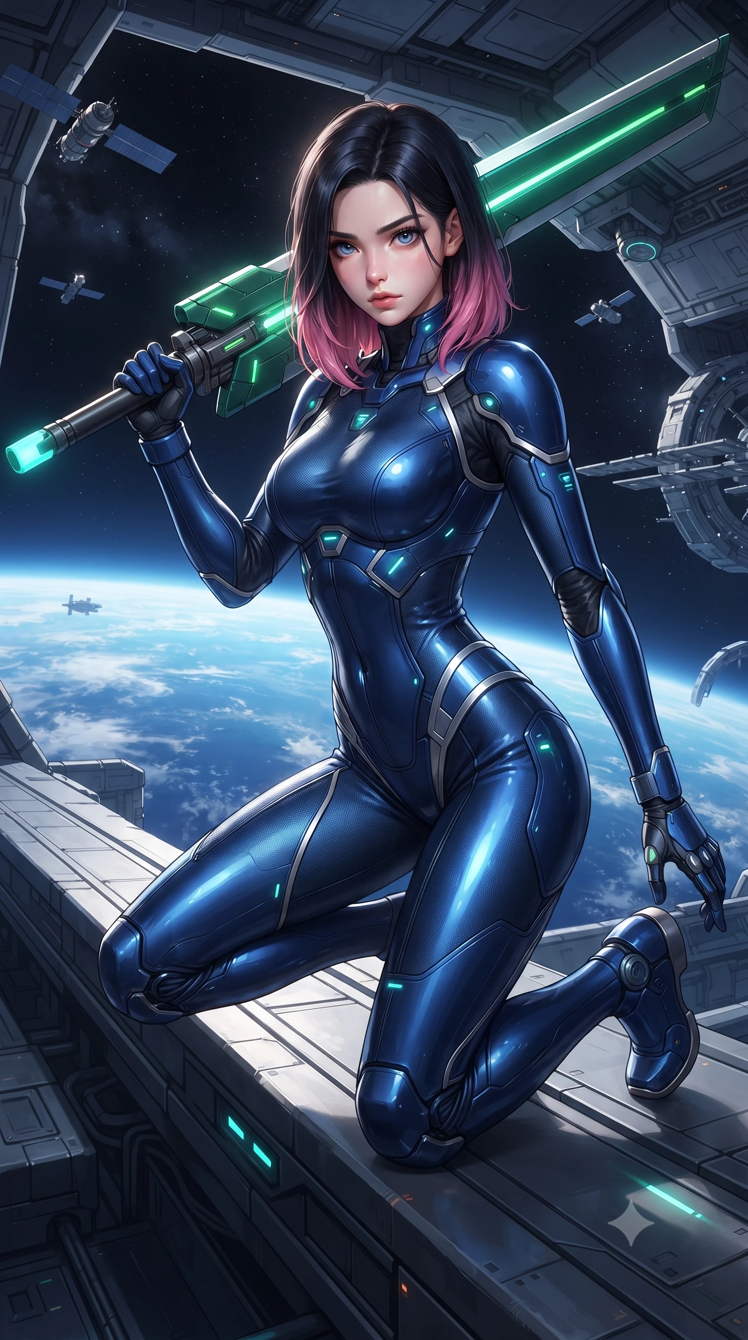 score_9, masterpiece, best quality, ultra-detailed, high-budget anime keyframe, editorial fashion photography, tasteful artistic composition, Korean woman. close-up cowboy shot from the waist and thighs up, the character dominates the composition, filling the frame with her large presence. twisting her upper body in a dynamic S-curve combat stance, one hand steadying her weapon with commanding supermodel allure while kneeling gracefully on one knee along the hangar edge with railgun primed as Earth's blue curvature shines below. The surrounding environment is rendered in vivid detail and crisp panoramic clarity. dramatic space chiaroscuro and grand orbital engineering captured with environmental precision. She has an exceptionally elegant, slender, and willowy female figure with an ultra-slim waist, a gracefully sculpted slender torso, toned flat midriff, and a refined slim silhouette. sharp v-shaped jawline, high-bridge nose, intricate jewel-like eyes with depth, thick eyelashes, glossy lips with a natural sheen, flawlessly proportioned anatomical accuracy, strict slender model proportions, natural body alignment, perfectly sculpted long slender limbs, ultra-slim waistline, clean dynamic posture without body distortion. wearing a statuesque midnight cobalt carbon-fiber armor-suit with platinum trim and an ultra-slim waistline, resting a massive sleek high-frequency anti-material greatsword across her shoulder in emerald green carbon composite with glowing lime laser channels, crafted from semi-translucent cybernetic carbon-vinyl interwoven with glowing micro-filaments, featuring a sleek aerodynamic collar framed by subtle glowing cybernetic status LEDs, the liquid-tight tailored fabric emphasizing every curve of her tall, slender model proportions and sculptured silhouette during dynamic movement. illuminated by glowing cyan rifle charging lights and sharp specular highlights tracing her slender curves. ultra-reflective glossy finish, specular highlights, dark metallic sheen, high-contrast stereoscopic depth, volumetric dynamic lighting, 2k, ultra detail, master piece, 9:16 ratio