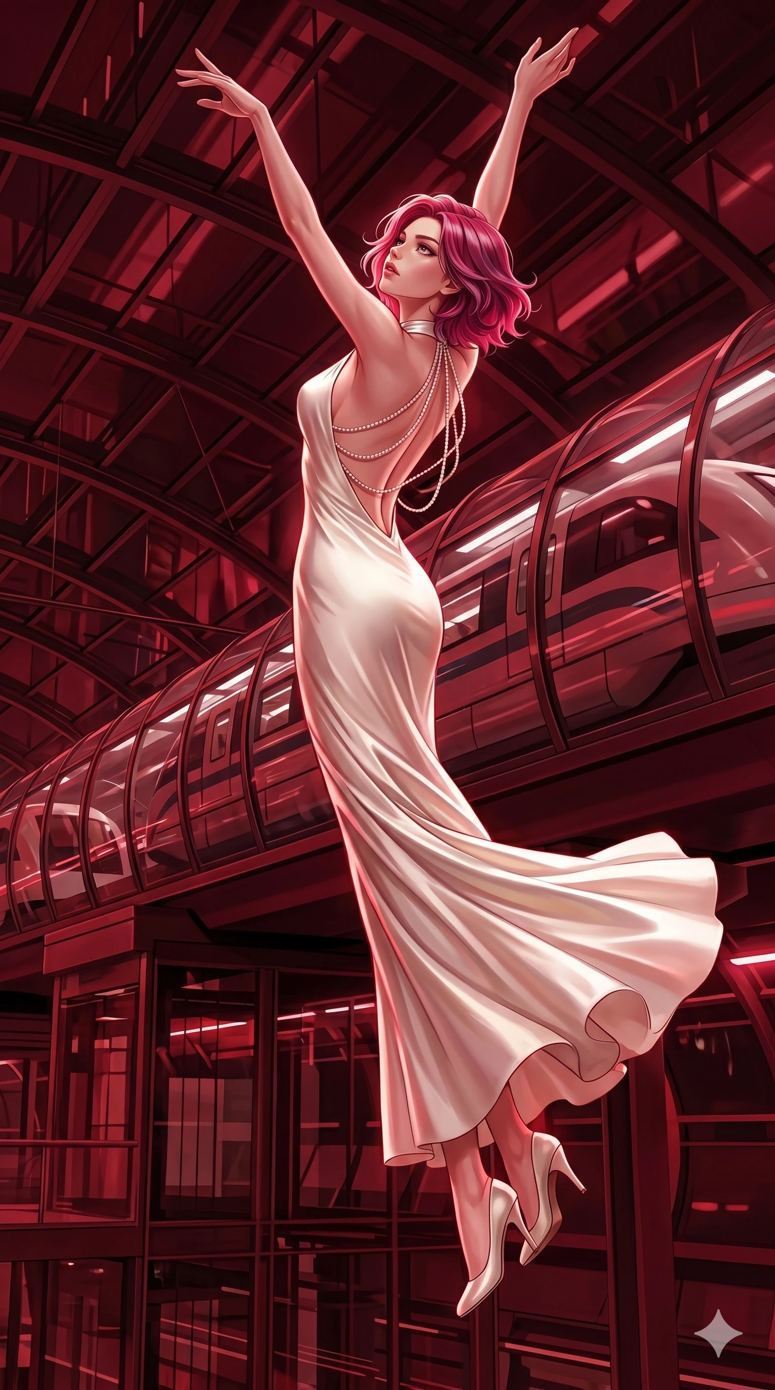 score_9, masterpiece, best quality, ultra-detailed, high-budget anime keyframe, editorial fashion photography, tasteful artistic composition, Caucasian woman, strictly human ears. low angle full-body shot from head to toe showing her feet, filling the entire 9:16 vertical frame with her statuesque presence, stretching her vertical silhouette. Leaping upward with both arms extended overhead, body fully extended inside a futuristic train station with glass-walled tubes containing magnetic trains. She has an absolutely perfect 8-heads proportion, an exceptionally tall and slender female figure with impossibly long slender legs and an ultra-slim waist. V-shaped jawline, high-bridge nose, intricate jewel-like eyes with depth, thick eyelashes, glossy lips with a natural sheen. wearing an ivory silk satin gown with a halter neckline and delicate rows of pearls draping across her open back, falling into a column skirt. drenched in deep crimson theatrical lighting with sharp specular highlights on every curve. 2k, ultra detail, master piece, 9:16 ratio