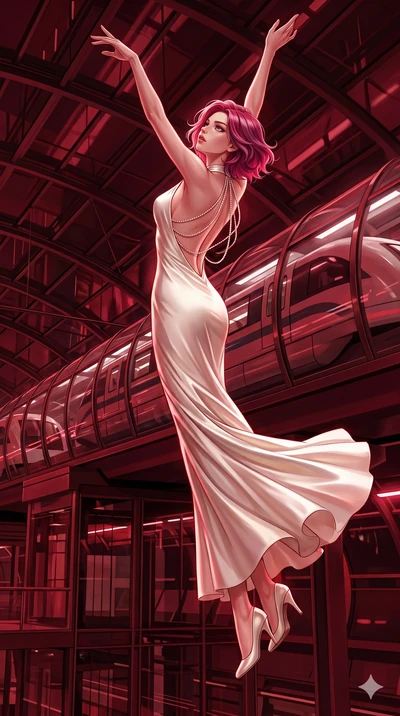 score_9, masterpiece, best quality, ultra-detailed, high-budget anime keyframe, editorial fashion photography, tasteful artistic composition, Caucasian woman, strictly human ears. low angle full-body shot from head to toe showing her feet, filling th
