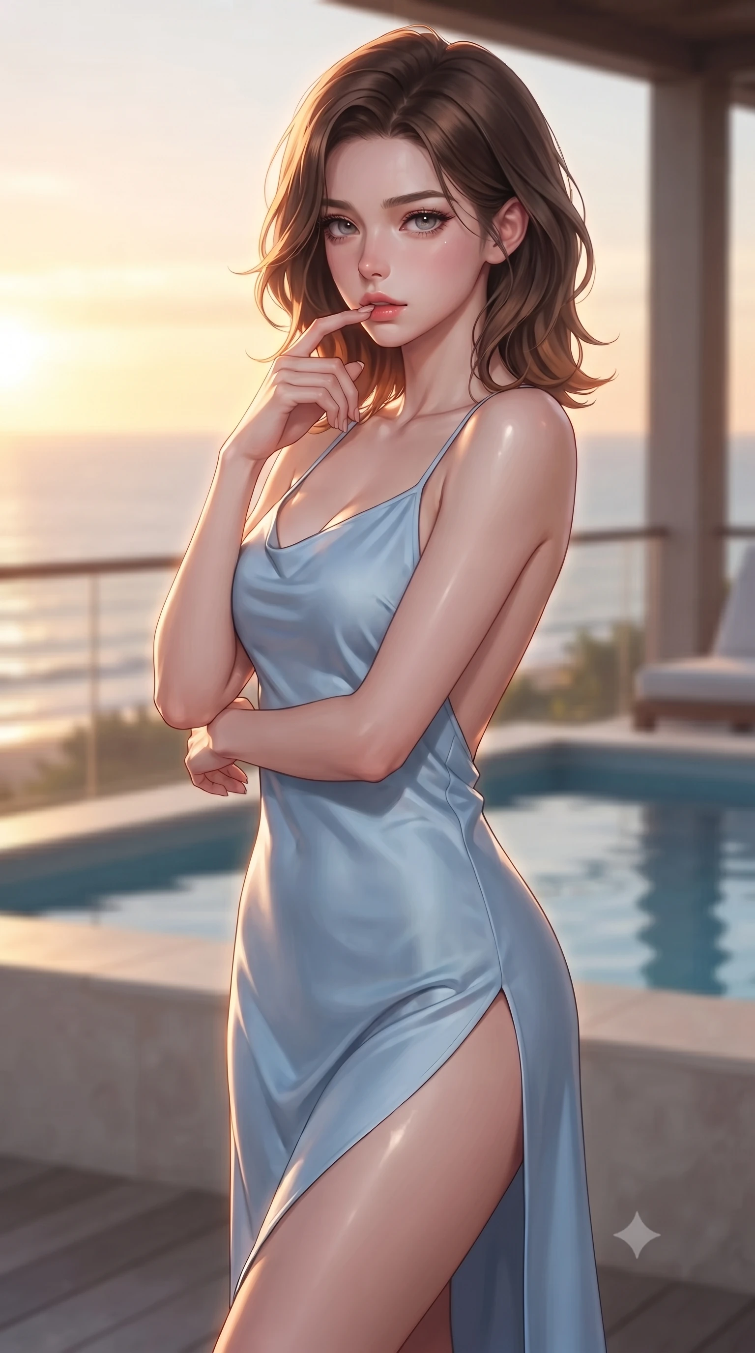 score_9, masterpiece, best quality, ultra-detailed, high-budget anime keyframe, editorial fashion photography, tasteful artistic composition, Korean woman woman. close-up cowboy shot from the waist and thighs up, the character dominates the composition, filling the frame with her large presence, background elements kept in soft focus. pressing one finger to her bottom lip in a thoughtful, seductive gesture under the warm sun the background shows a soft-focus a private splash pool on the balcony of a beach villa, looking at ocean horizon. She has an exceptionally elegant, slender, and willowy female figure with an ultra-slim waist, a gracefully sculpted slender torso, and a refined silhouette. sharp v-shaped jawline, high-bridge nose, intricate jewel-like eyes with depth, thick eyelashes, glossy lips with a natural sheen. wearing a tailored lightweight silk slip dress in baby blue with a high side slit and a low-cut back. brilliant golden hour sunset tracing her silhouette with a soft glowing rim light. ultra-reflective glossy finish, specular highlights, metallic sheen, high-contrast stereoscopic depth, volumetric dynamic lighting, 2k, ultra detail, master piece, 9:16 ratio