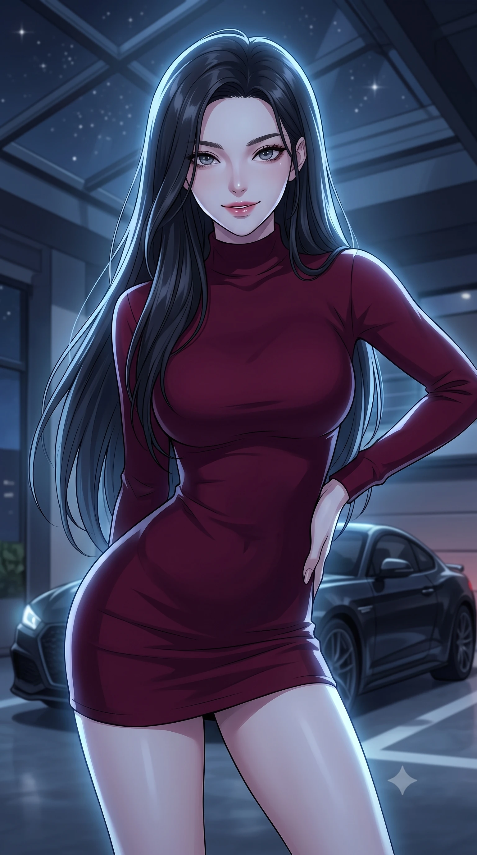 score_9, masterpiece, best quality, ultra-detailed, high-budget anime keyframe, tasteful artistic composition, Korean woman. close-up cowboy shot from the waist and thighs up, the character dominates the composition, filling the frame with her large presence, background elements kept in soft focus. leaning slightly forward with a playful, teasing smile, her gaze locked onto the viewer the background shows a soft-focus a modern loft garage with glass ceilings showing stars and a parked black coupe. She has an exceptionally elegant, slender, and willowy female figure with an ultra-slim waist, a gracefully sculpted slender torso, and a refined silhouette. sharp v-shaped jawline, high-bridge nose, intricate jewel-like eyes with depth, thick eyelashes, glossy lips with a natural sheen. wearing a body-hugging form-contouring bodycon sweater dress in deep burgundy, featuring a snug mock-neck. soft silver moonlight wrapping her silhouette in a cool cosmic glow. highly saturated vibrant anime colors, cel-shading, 2d style, master piece, 9:16 ratio