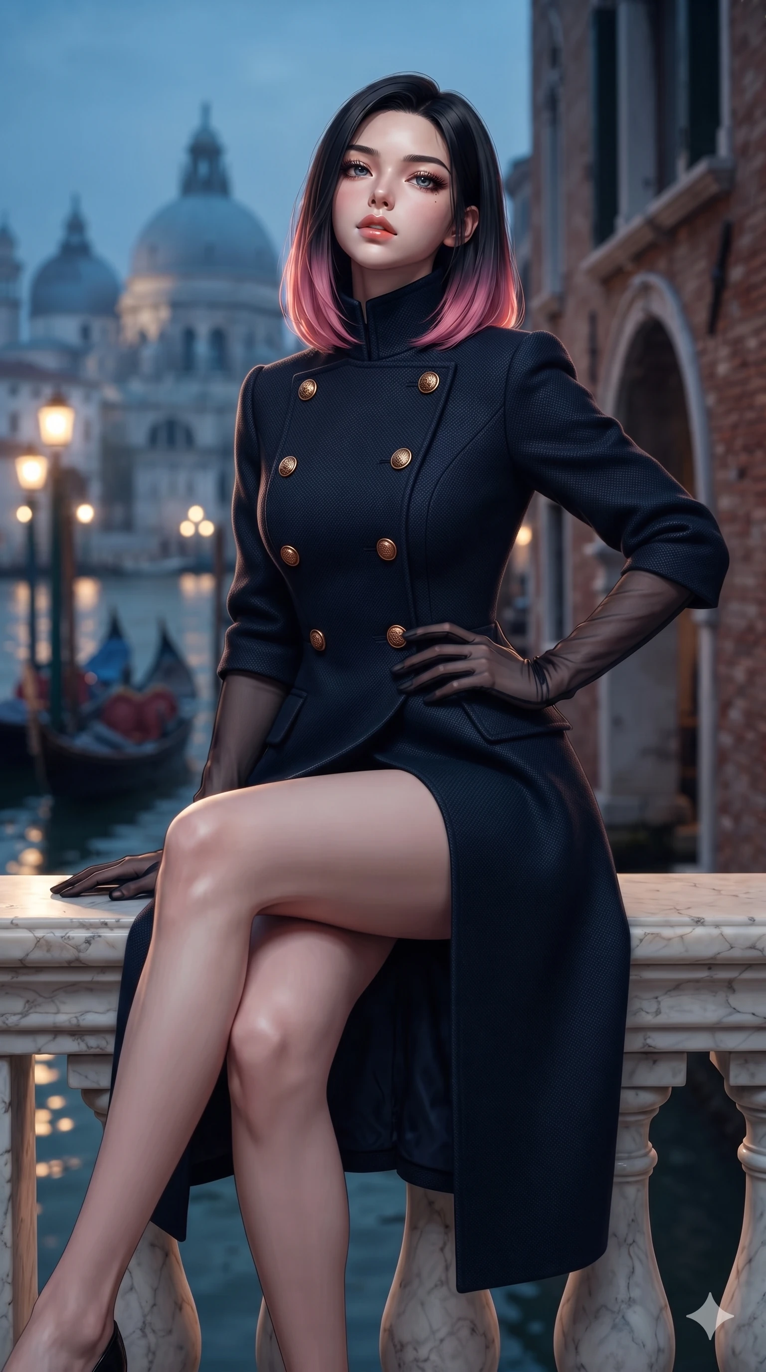 score_9, masterpiece, best quality, ultra-detailed, high-budget anime keyframe, editorial fashion photography, tasteful artistic composition, Korean woman. close-up cowboy shot from the waist and thighs up, the character dominates the composition, filling the frame with her large presence. tilting her chin up with proud, sovereign allure while gazing through thick eyelashes, one hand resting on her waist in pure supermodel charisma while sitting perched on the carved marble balustrade with legs crossed, her long slender limbs and statuesque 8.5-heads silhouette commanding the water gate. The composition keeps background elements in soft focus with creamy bokeh: lantern-lit gondola prows floating in the canal, weathered brick palazzo water arches, and distant church domes blurred into cobalt, aquamarine, and amber bokeh. She has an exceptionally elegant, slender, and willowy female figure with an ultra-slim waist, flat toned midriff, narrow ribcage, and sculpted feminine hips creating an alluring, slim hourglass silhouette without bulk. sharp v-shaped jawline, high-bridge nose, intricate jewel-like eyes with depth, thick eyelashes, glossy parted lips with a natural sheen, intensely captivating and seductive bedroom-eyes expression, flawlessly proportioned anatomical accuracy, strict slender model proportions, natural body alignment, perfectly sculpted long slender limbs, ultra-slim waistline, clean dynamic posture without body distortion. wearing a structured high-collar Victorian opera greatcoat in midnight navy wool with polished brass crest buttons in warm Tuscan ochre and terracotta sienna, woven from structured carbon-fiber jacquard with rich textural depth, complemented by sheer opera-length evening gloves tracing her slender arms, the impeccably tailored cut draping gracefully along her slender figure with aristocratic poise. bathed in romantic 2600K gaslight lantern radiance mixed with cool nocturnal canal reflections. ultra-reflective glossy finish, specular highlights, rich textural contrasts, high-contrast stereoscopic depth, volumetric dynamic lighting, 2k, ultra detail, master piece, 9:16 ratio