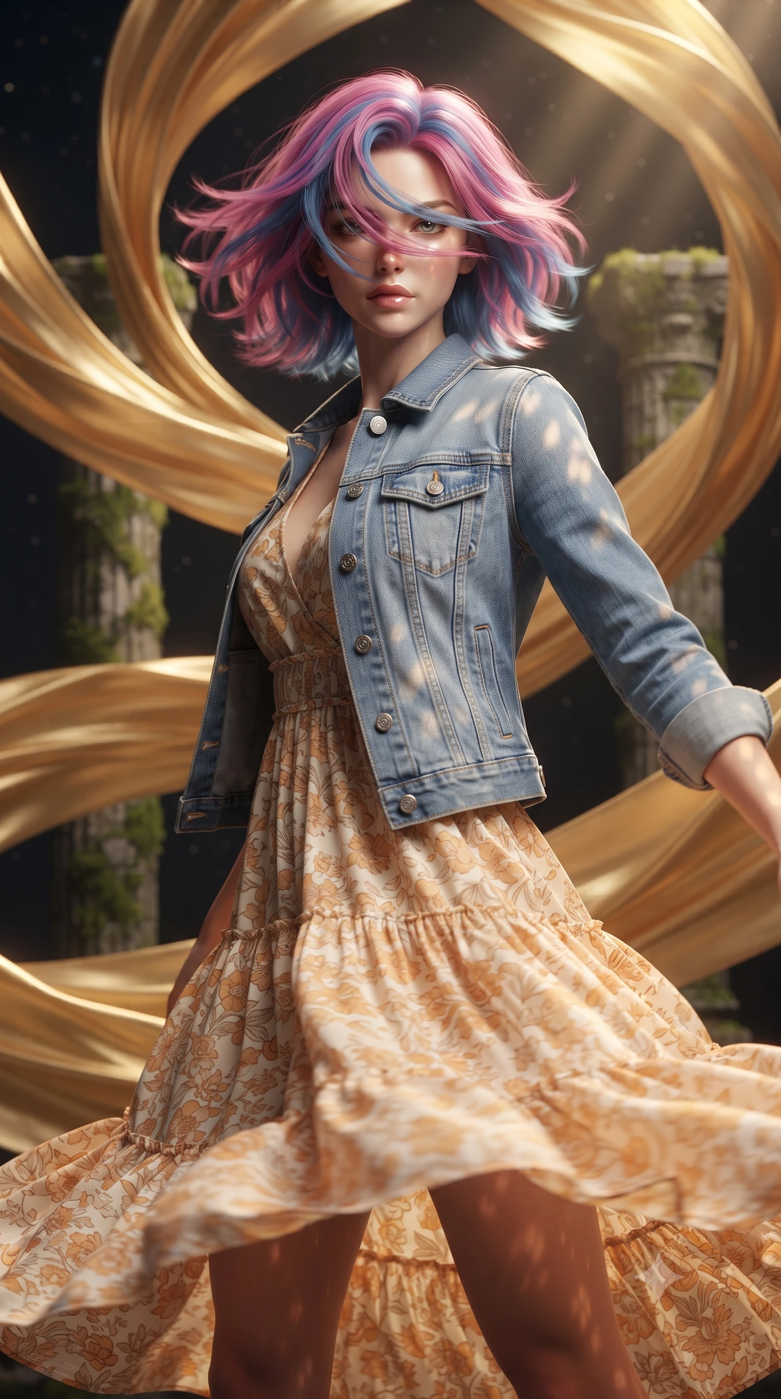 score_9, masterpiece, best quality, ultra-detailed, high-budget anime keyframe, editorial fashion photography, tasteful artistic composition, realistic cosplay photography, Caucasian woman, strictly human ears. close-up cowboy shot from the waist and thighs up, the character dominates the composition, filling the frame with her large presence, background elements kept in soft focus. Executing a sudden, fast pivot to face the camera, her hair whipping violently across her face. set against a soft-focus background of a dark space where wide golden silk ribbons are swirling in a giant vortex, wrapping around stone pillars. She has an exceptionally elegant and slender, willowy female figure with an ultra-slim waist, a gracefully sculpted slender torso, and a refined slim physique. sharp v-shaped jawline, high-bridge nose, intricate jewel-like eyes with depth, thick eyelashes, glossy lips with a natural sheen. wearing the lightweight fabric rippling and billowing dramatically with her movement, a tailored tailored light blue denim jacket over a tiered cotton maxi dress in a warm cream and apricot floral print. warm golden afternoon sunbeams casting soft organic leaf shadows across her skin. ultra-reflective glossy finish, specular highlights, metallic sheen, high-contrast stereoscopic depth, volumetric dynamic lighting, 2k, ultra detail, master piece, 9:16 ratio