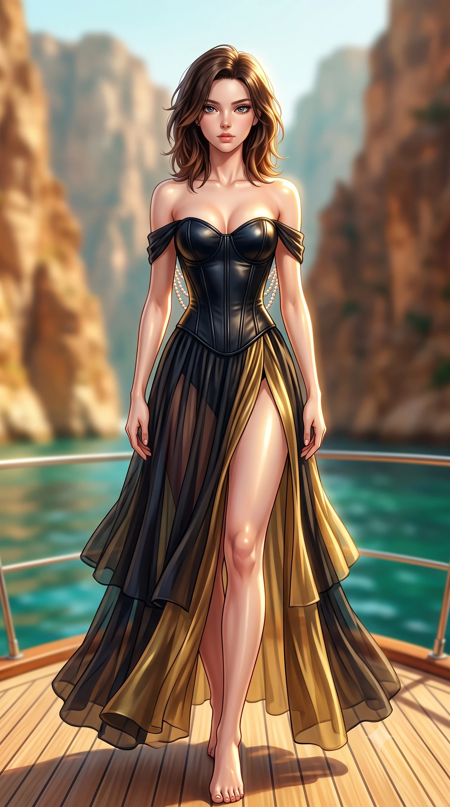score_9, masterpiece, best quality, ultra-detailed, high-budget anime keyframe, semi-realistic 3D game render, editorial fashion photography, tasteful artistic composition, Korean woman. low angle full-body shot from head to toe showing her feet, filling the entire 9:16 vertical frame with her statuesque presence, stretching her vertical silhouette. striding forward in a proud supermodel runway stride, hips swaying in an alluring kinetic rhythm that accentuates her curvy hourglass silhouette while reclining on rich crimson Persian cushions on the open teak deck of a luxury dhow cruising through towering desert fjord canyons. The composition keeps background elements in soft focus with creamy bokeh. towering jagged fjord cliff faces and crystalline emerald sea waters blurred into warm ochre, turquoise, and bronze bokeh. She has an exceptionally tall and slender model-like 8.5-heads proportion, an ultra-slim waist, a flat toned midriff, narrow delicate ribcage, and beautifully sculpted feminine hips creating a graceful, slim hourglass silhouette without any bulky heaviness, with impossibly long slender legs. sharp v-shaped jawline, high-bridge nose, intricate jewel-like eyes with depth, thick eyelashes, glossy parted lips with a natural sheen, intensely captivating and seductive bedroom-eyes expression, flawlessly proportioned anatomical accuracy, strict slender model proportions, natural body alignment, perfectly sculpted long slender limbs, ultra-slim waistline, clean dynamic posture without body distortion. wearing an off-shoulder French court corset bodice dress paired with a tiered translucent chiffon slit skirt in midnight obsidian black and liquid gold, formed from supple second-skin lambskin leather with specular sheen, accented with a multi-strand pearl back necklace cascading down her bare spine to her hips, the second-skin form-contouring cut accentuating her sculpted flat midriff, narrow delicate ribcage, and gracefully curvy hips with supermodel precision. illuminated by intense golden specular reflections sculpting her bare collarbones, ultra-slim waist, and curvy hips. highly saturated vibrant anime colors, detailed shading with soft gradients, rich glossy textures, high-contrast stereoscopic depth, volumetric dynamic lighting, master piece, 9:16 ratio