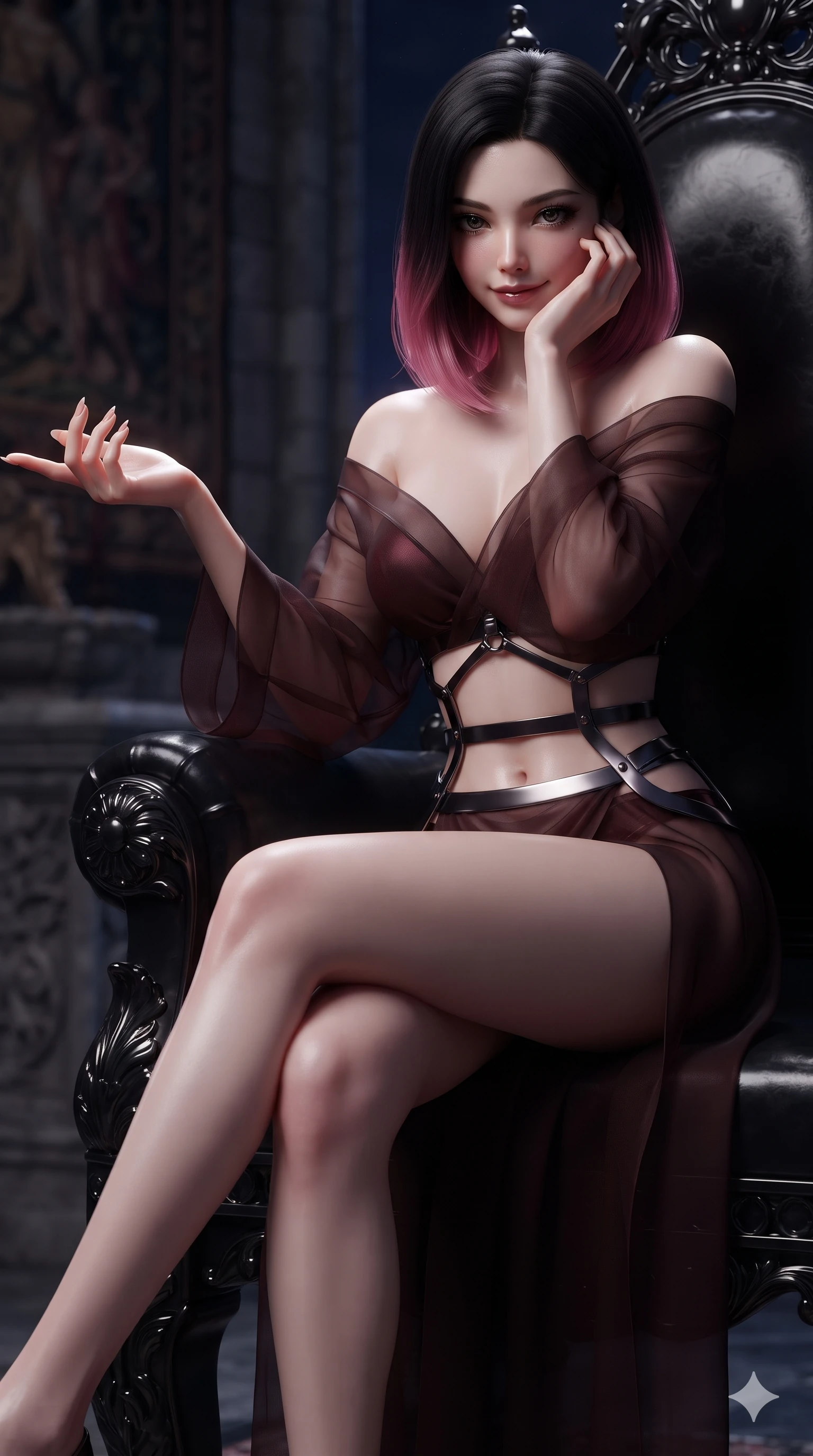 score_9, masterpiece, best quality, ultra-detailed, high-budget anime keyframe, editorial fashion photography, tasteful artistic composition, Korean woman. close-up cowboy shot from the waist and thighs up, the character dominates the composition, filling the frame with her large presence. reaching one hand toward the viewer with relaxed dark elegance, her sculpted waistline catching specular highlights while seated sideways on the obsidian throne arm with one leg extended, resting her chin on long manicured fingers with regal dark dominance. The background shows a soft-focus dark royal court audience hall softened in regal gothic shallow focus. She has an exceptionally elegant, slender, and willowy female figure with an ultra-slim waist, flat toned midriff, narrow ribcage, and sculpted feminine hips creating an alluring, slim hourglass silhouette without bulk. sharp v-shaped jawline, high-bridge nose, intricate jewel-like dark sparkling eyes with hypnotic seductive depth, thick curled eyelashes, glossy parted lips with a natural wine sheen, alluring bedroom-eyes with an enigmatic smoldering smile, exuding magnetic sovereign charisma and dark avant-garde glamour, flawlessly proportioned anatomical accuracy, strict slender model proportions, natural body alignment, perfectly sculpted long slender limbs, ultra-slim waistline, clean dynamic posture without body distortion. wearing a sheer gossamer organza evening kimono slipping off bare shoulders over a matching satin micro-bralette and briefs in dark mahogany and brushed gunmetal, woven from matte carbon-fiber weave with high-tech structural hold, highlighted by a gunmetal metallic harness structure, the high-slit wrap tailoring accentuating her ultra-slim waistline and the enchanting curve of her feminine hips with alluring seductive charm. illuminated by velvet dais floor bounce and sharp emerald-platinum rim lights sculpting her razor-sharp jawline, narrow waist, and curvy hips. ultra-reflective glossy finish, specular highlights, metallic sheen, high-contrast stereoscopic depth, volumetric dynamic lighting, 2k, ultra detail, master piece, 9:16 ratio