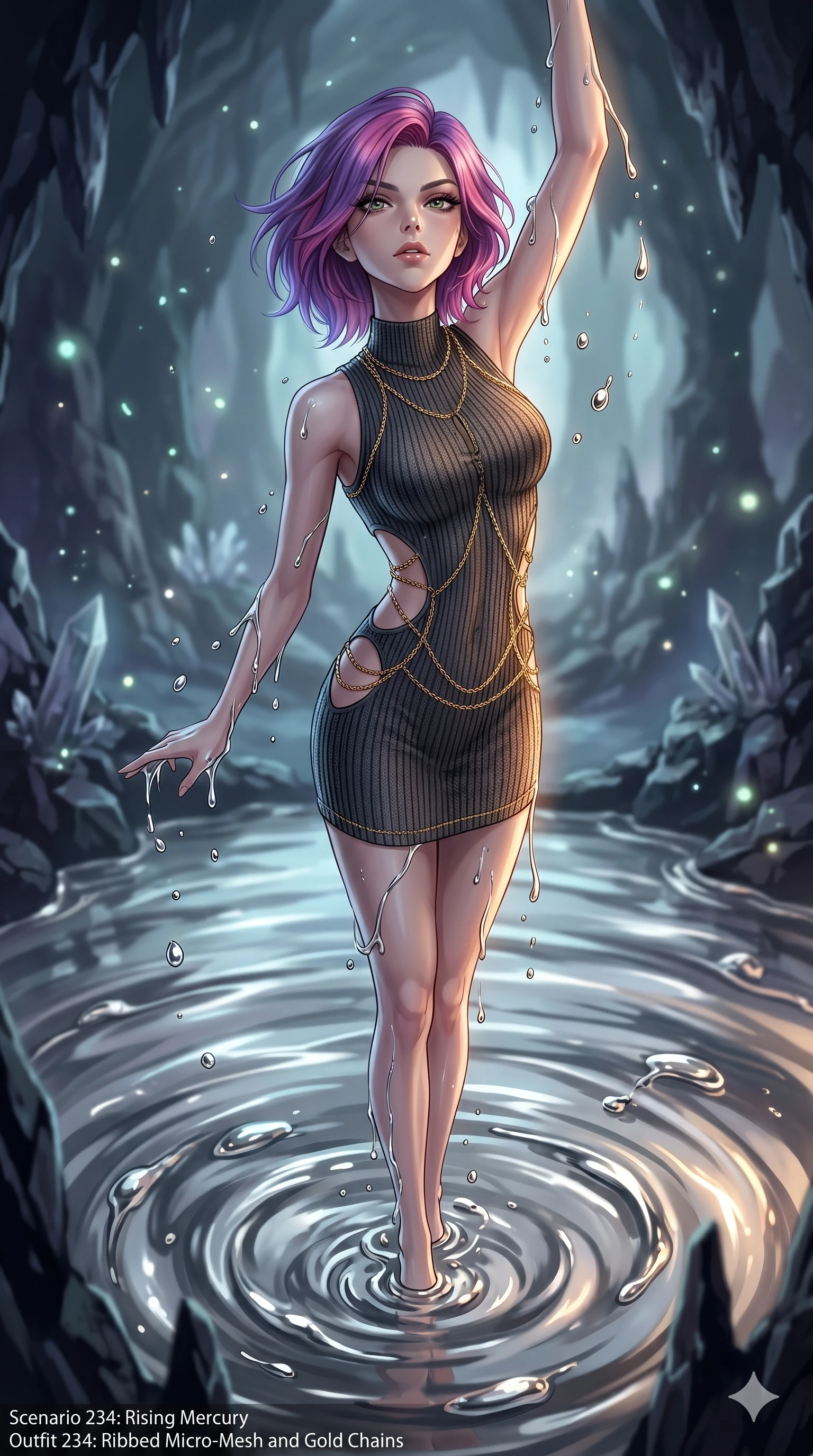 score_9, masterpiece, best quality, ultra-detailed, High-budget Anime Keyframe, East Asian woman. Dynamic full-body shot stretching the vertical silhouette to the limit. Scenario 234: Rising from a pool of mercury-like liquid, droplets rolling off her skin. Her presence is magnetic and overpowering in this high-budget anime scene. Outfit 234: A ribbed bodycon knit micro-mesh with a strategic side cut-outs and fine gold chains. The clothing is designed to emphasize her exceptionally tall and slender 8-heads proportion. 8-heads proportion, towering silhouette, ultra-slim waist. sharp v-shaped jawline, intricate jewel-like eyes with depth, thick eyelashes, glossy lips. 2k, ultra detail, master piece, 9:16 ratio