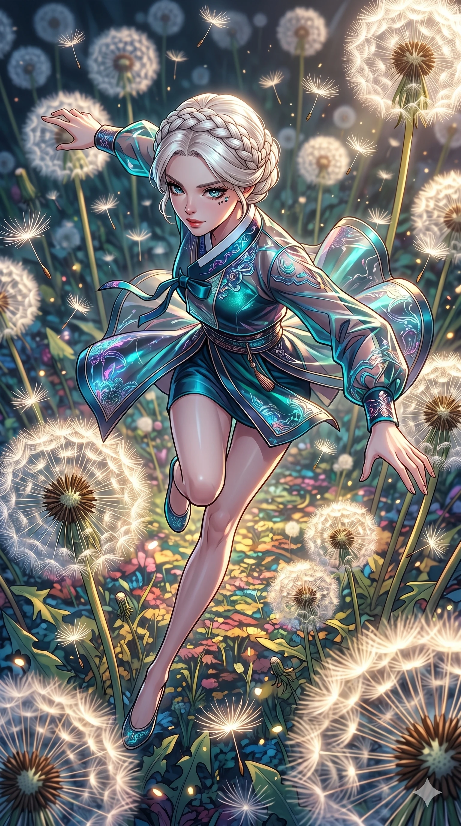 score_9, masterpiece, best quality, ultra-detailed, high-budget anime movie keyframe, cinematic anime lighting, intricate line art, Japanese woman. Extreme high angle shot as she leaps towards the camera, filling the frame. twisting through a field of giant dandelions, their seeds floating away. She has an absolutely perfect 8-heads proportion, an exceptionally tall and slender female figure with an ultra-slim waist and impossibly long slender legs. strictly human anatomy, two legs only, no extra limbs, clearly defined legs and arms, perfect anatomy, perfect hands and fingers. sharp v-shaped jawline, high-bridge nose, intricate jewel-like eyes, thick eyelashes, glossy lips. Wearing Modern Traditional: Shortened cyber-hanbok with fusion silk robes and transparent panels. The scene is illuminated by dramatic atmospheric lighting and vibrant color palettes. , 2k, ultra detail, master piece, 9:16 ratio